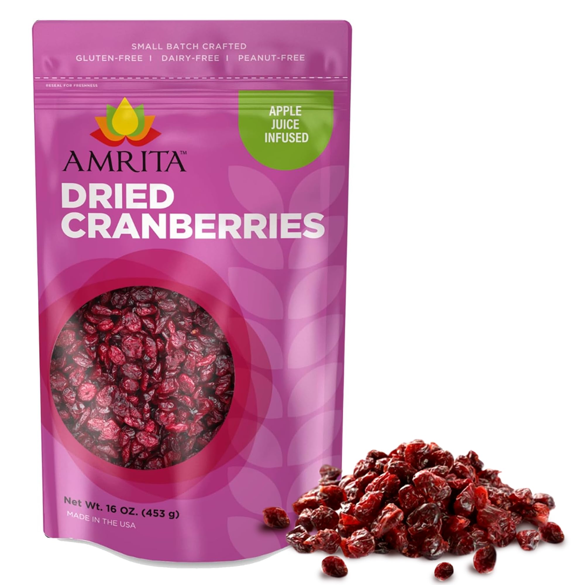 Amrita Dried Cranberries 1 lb - Sweetened with Apple Juice, Unsulfured, Gluten Free, Non-GMO, No Preservatives | Resealable Bag for Freshness | Perfect for Healthy Snacks, Salads, Baking & Trail Mix | Great for On-the-Go, Lunch Boxes & Dessert Toppings
