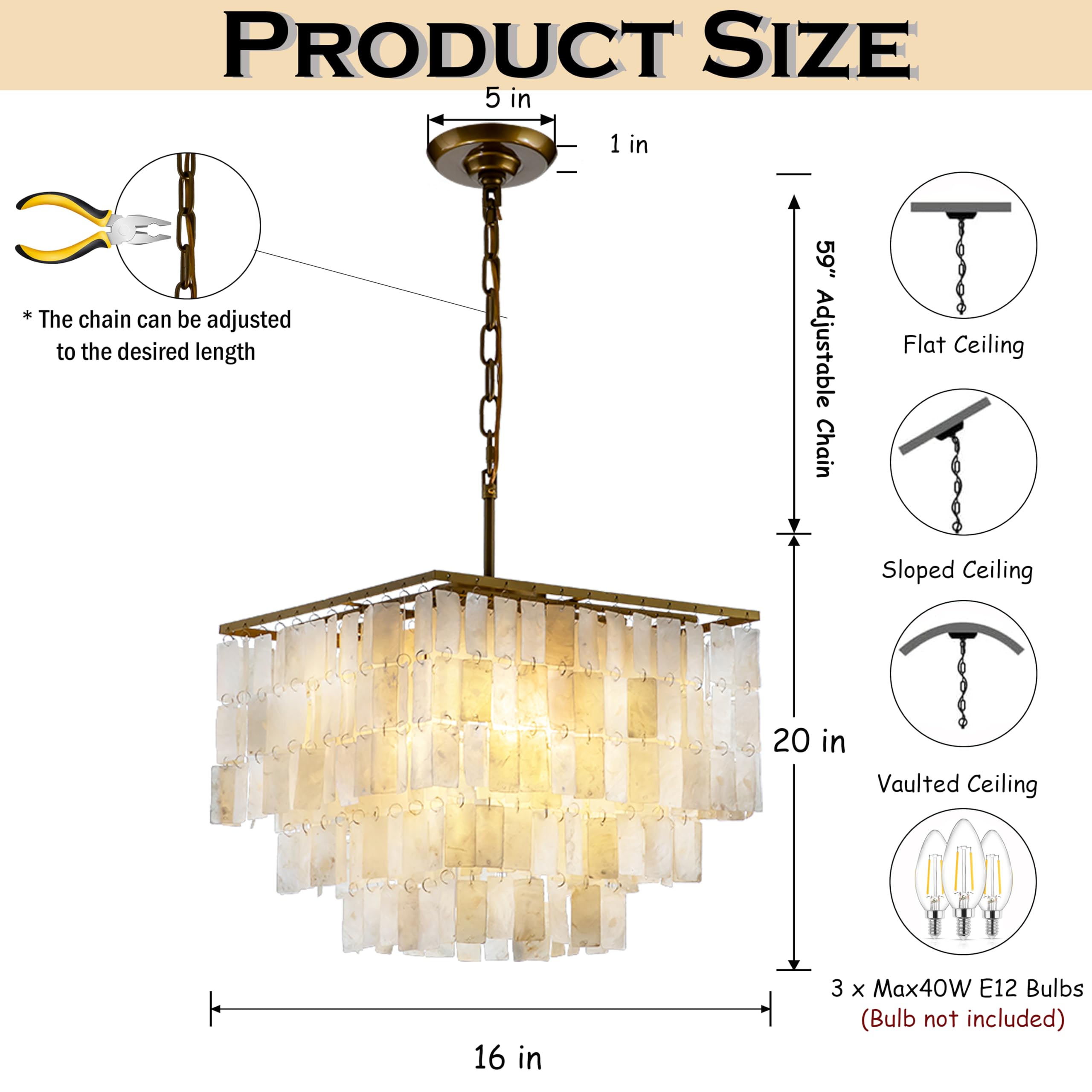3-Light Square Antique Brass Chandelier with Rectangle Capiz Natural Seashells - Modern Farmhouse Ceiling Light Fixture - 15.7 Inch Wide - Perfect for Living Room, Dining Room, Bedroom, Foyer & Entryway Lighting