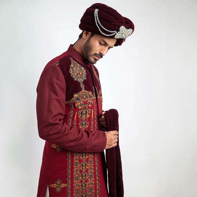 Burgundy and Maroon Velvet Short Sherwani for Men | Indian Wedding Outfit | Traditional Kurta for Festivals & Special Occasions | Perfect for Groom Wear, Diwali & Mehndi Ceremonies