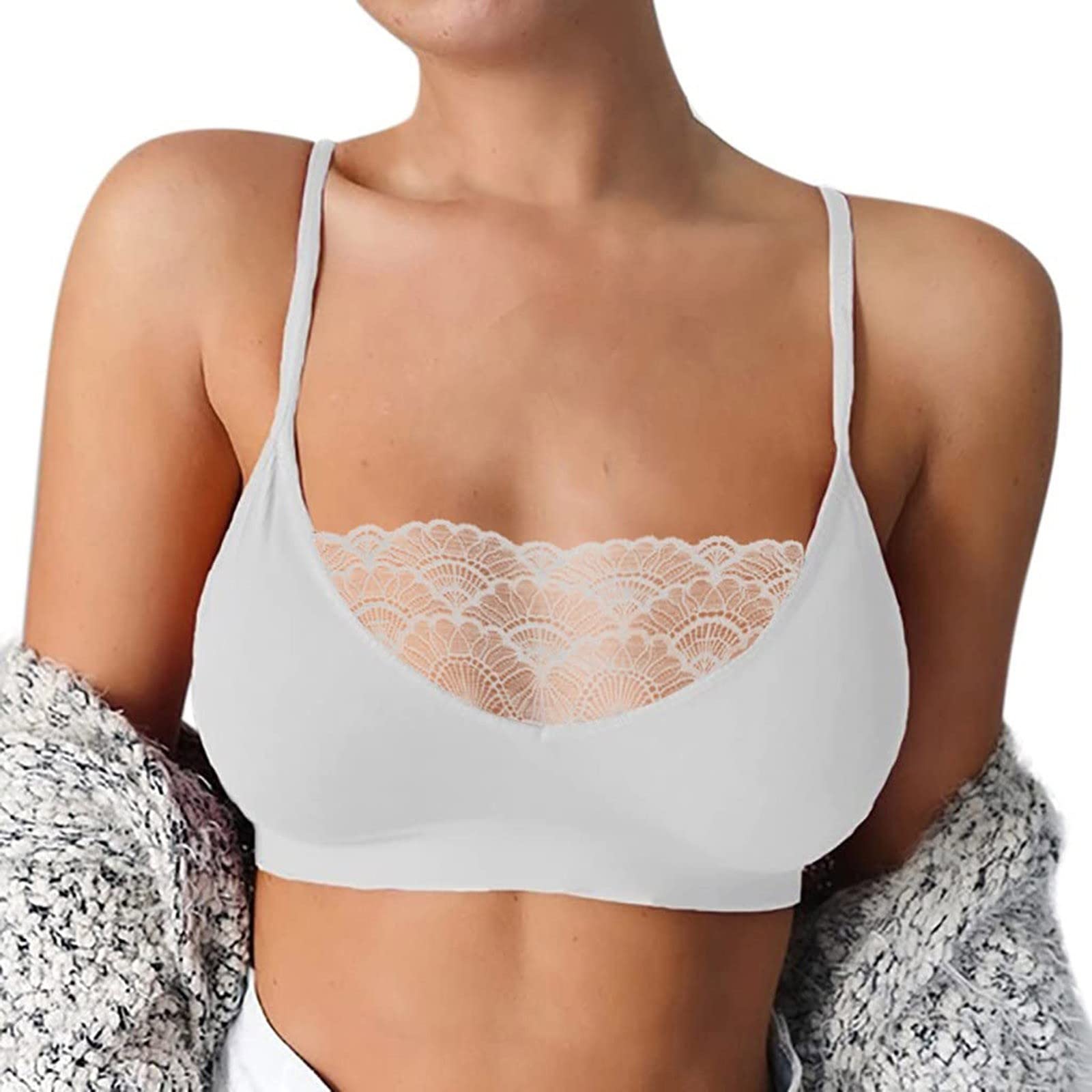 Floral Lace Bralette for Women - Wireless Seamless Stretch Camisole Tank Top Bra, No Padding, Y2K Fashion, Sports Bra, Comfortable Everyday Wear - Perfect for Yoga, Lounge & Casual Outfits (White, Medium)