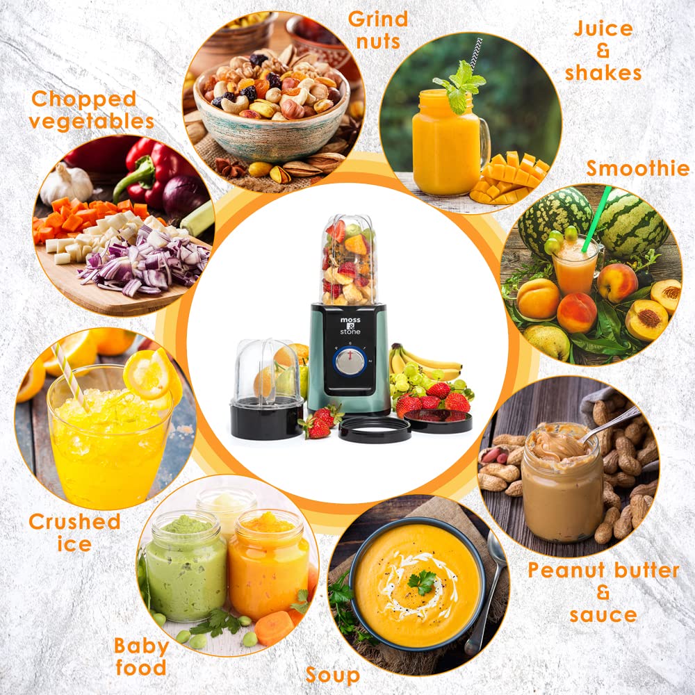 Premium Moss & Stone Smoothie Blender - Compact Personal Blender with 2 Travel Cups & Lids - Powerful Mini Blender for Frozen Drinks, Juices & Smoothies - Perfect for Home, Office & Gym Use