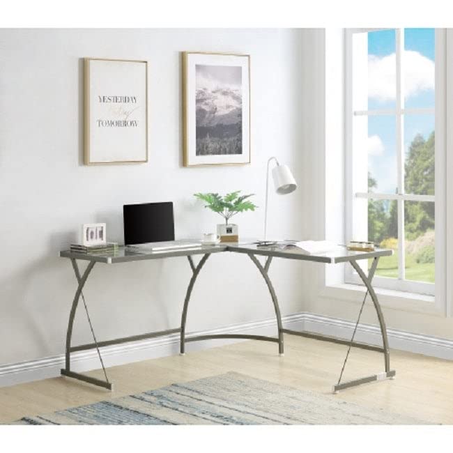 Modern Glass Computer Desk with Silver Metal Frame & Wooden Accents - Perfect for Home Office, Gaming Setup & Workspace Organization