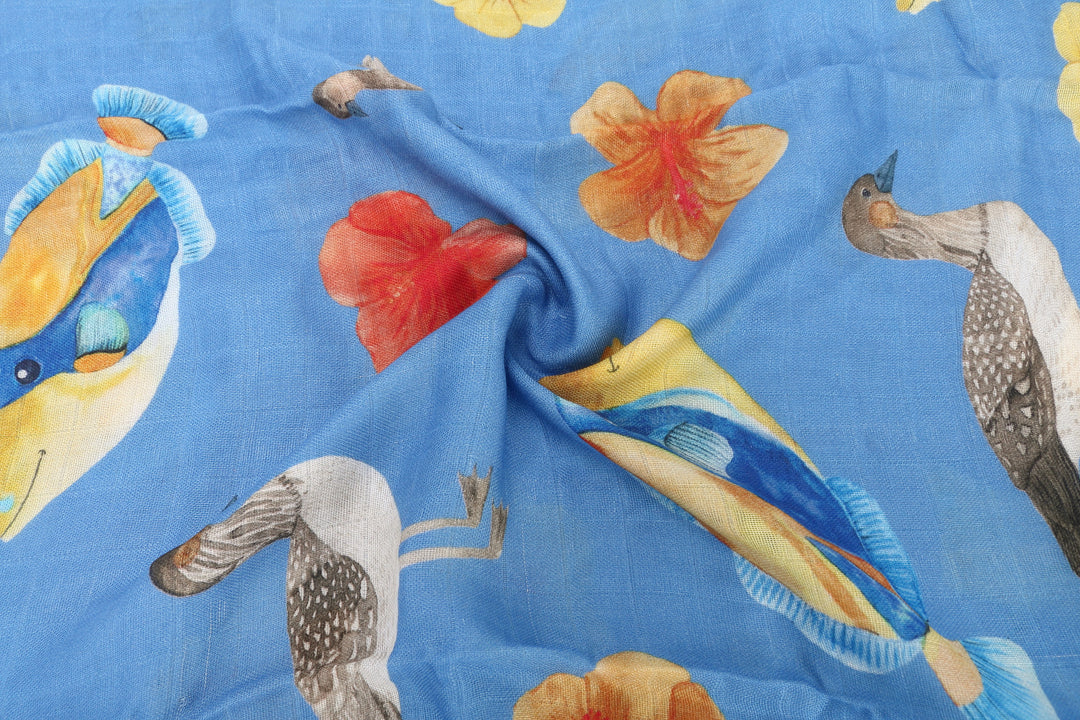Soft Baby Muslin Swaddle Blanket - Humu Nene Hibiscus Blue Design - Perfect for Newborn Swaddling, Nursing & Stroller Use