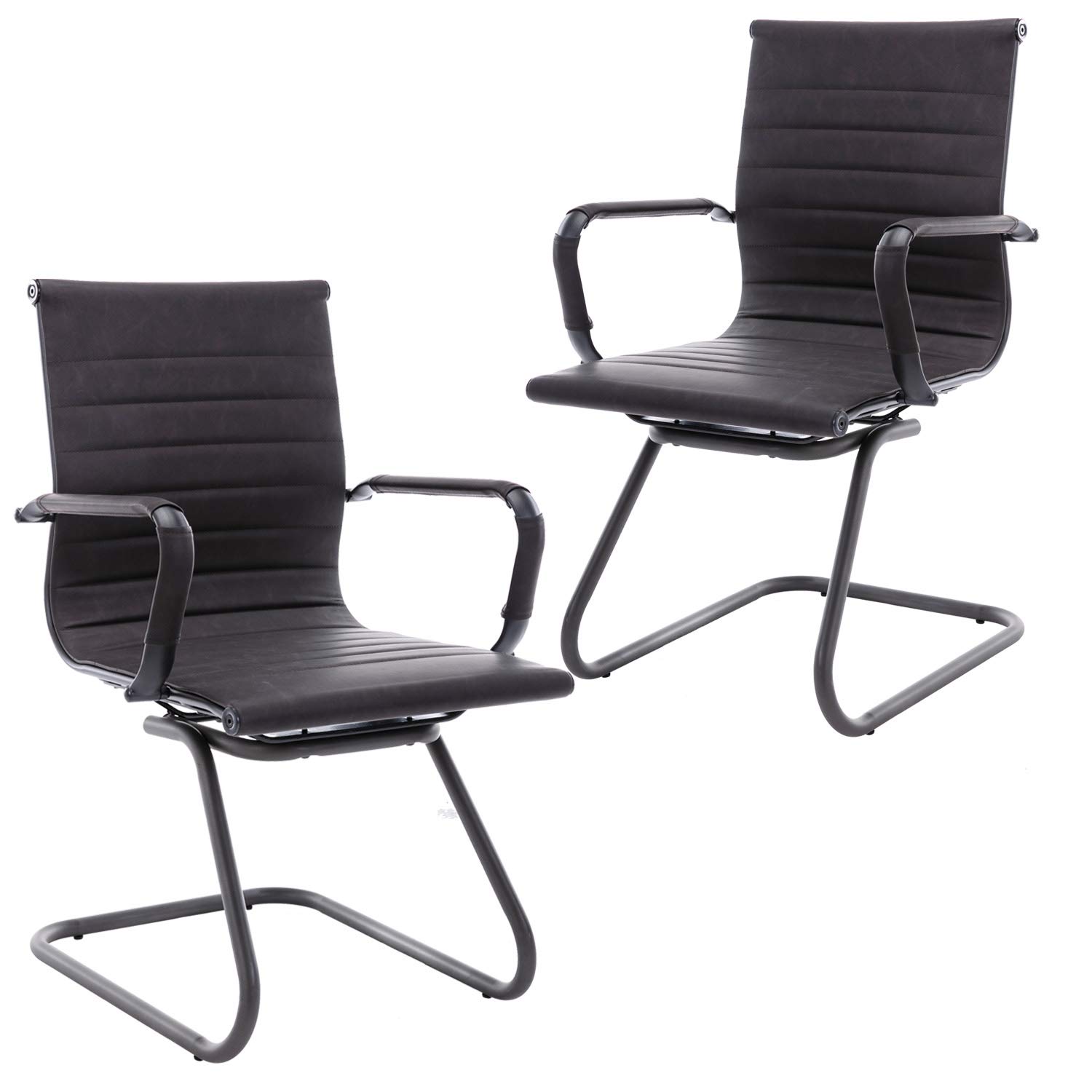 Ergonomic Office Reception Chairs - No Wheels Leather Conference Chairs with Lumbar Support - Set of 2 Guest Chairs in Vintage Charcoal - Perfect for Waiting Areas, Conference Rooms & Home Offices