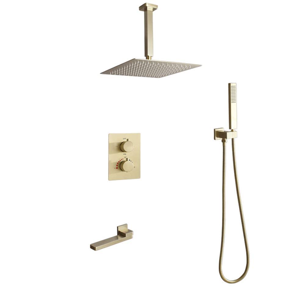 GELISURE Thermostatic Rain Shower Combo Set - Brushed Gold Ceiling Mounted Bathroom Shower Faucet with Rainfall Shower Head, Handheld Shower & Swivel Tub Spout - Perfect for Modern Luxury Bathrooms & Spa-Like Experience