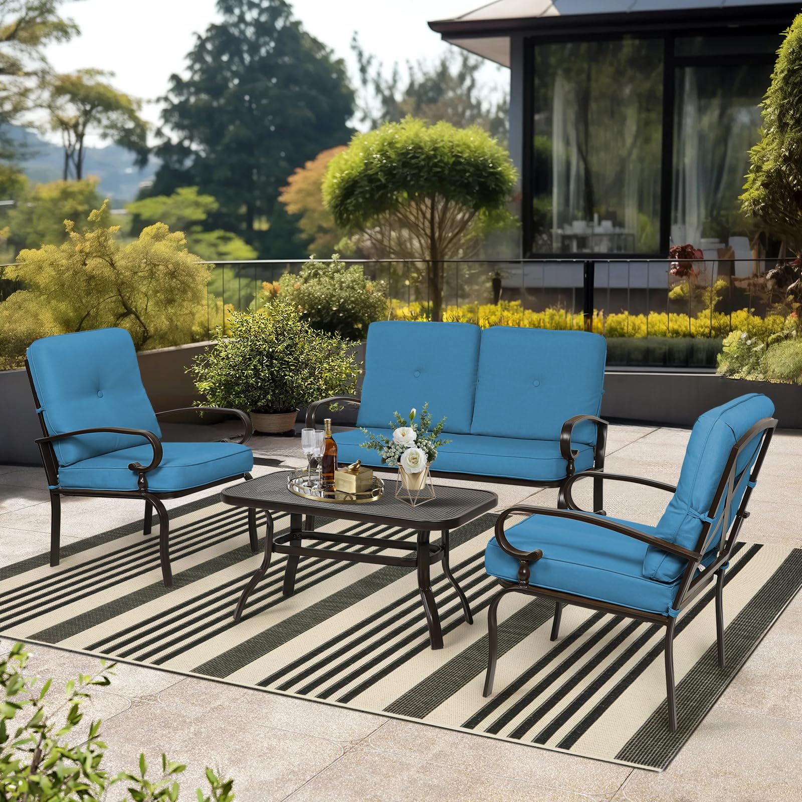 5-Piece Outdoor Patio Furniture Set - Peacock Blue Loveseat, 2 Spring Motion Chairs & Coffee Table, Durable Metal Frame Conversation Set for Garden, Backyard, Poolside or Deck Relaxation