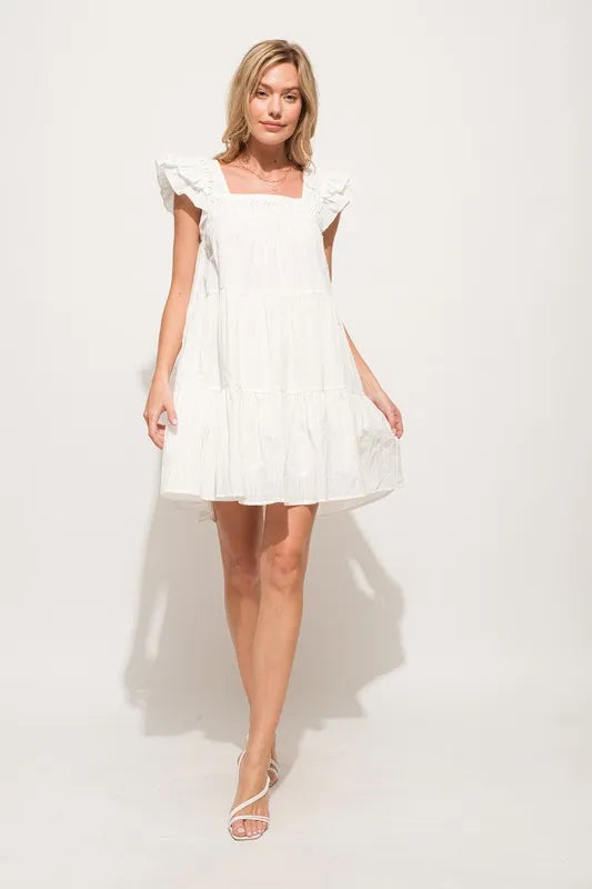 Elegant White Pleated Ruffled Sleeve Tiered Resort Dress for Women - Perfect for Beach Vacations, Summer Weddings & Tropical Getaways