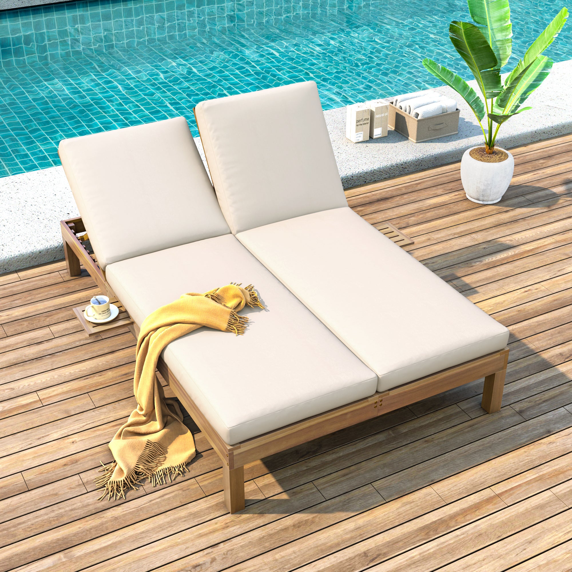 5-Position Adjustable Backrest Outdoor Chaise Lounge Daybed with Cushion & Folding Side Trays - Patio Poolside Garden Furniture for 2 People - Perfect for Sunbathing, Relaxing by the Pool or Backyard Lounging