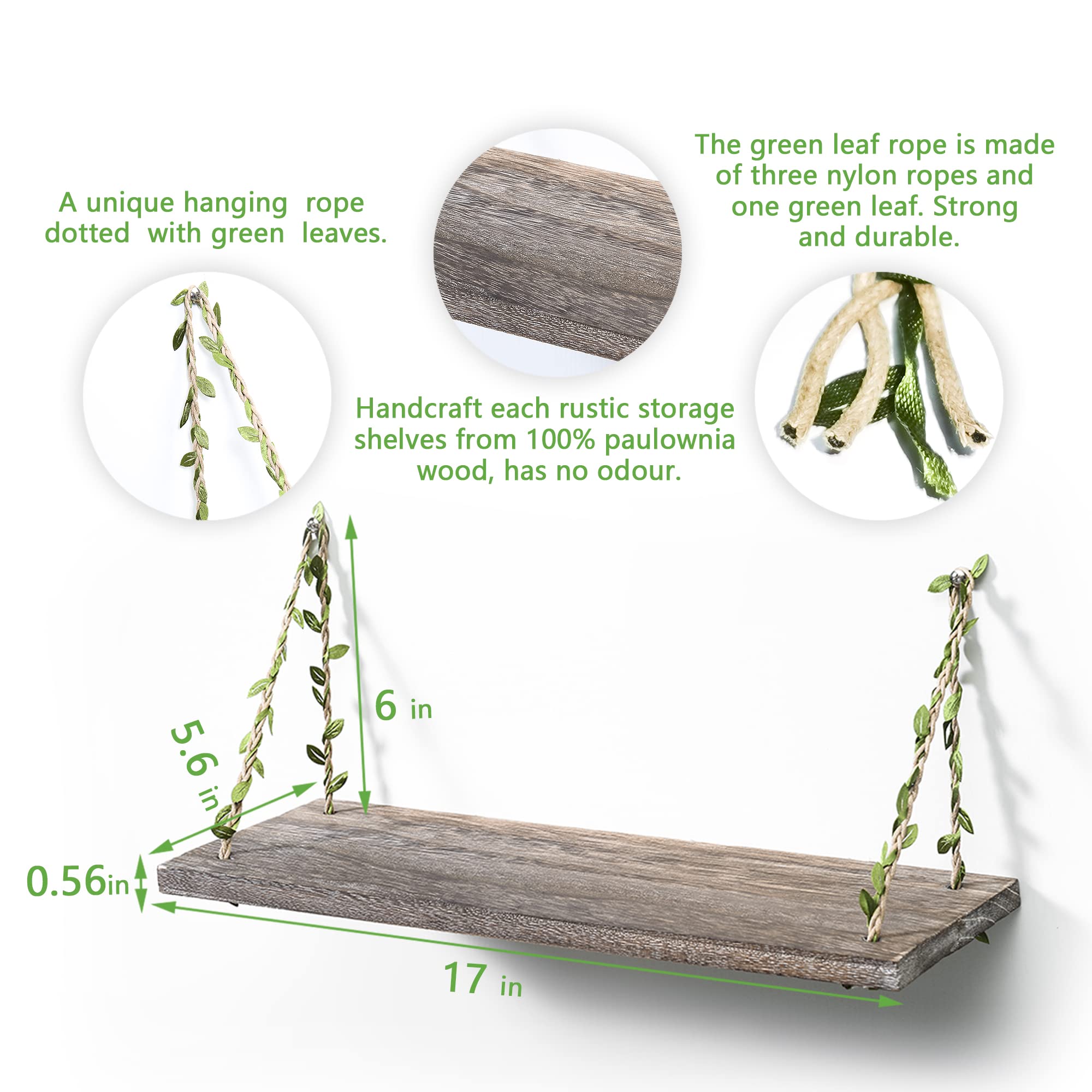 MITIME Leaf Rope Hanging Floating Shelves - 2-Pack Retro Wall Swing Storage Shelves for Home Decor, Bedroom, Bathroom & Living Room Organization