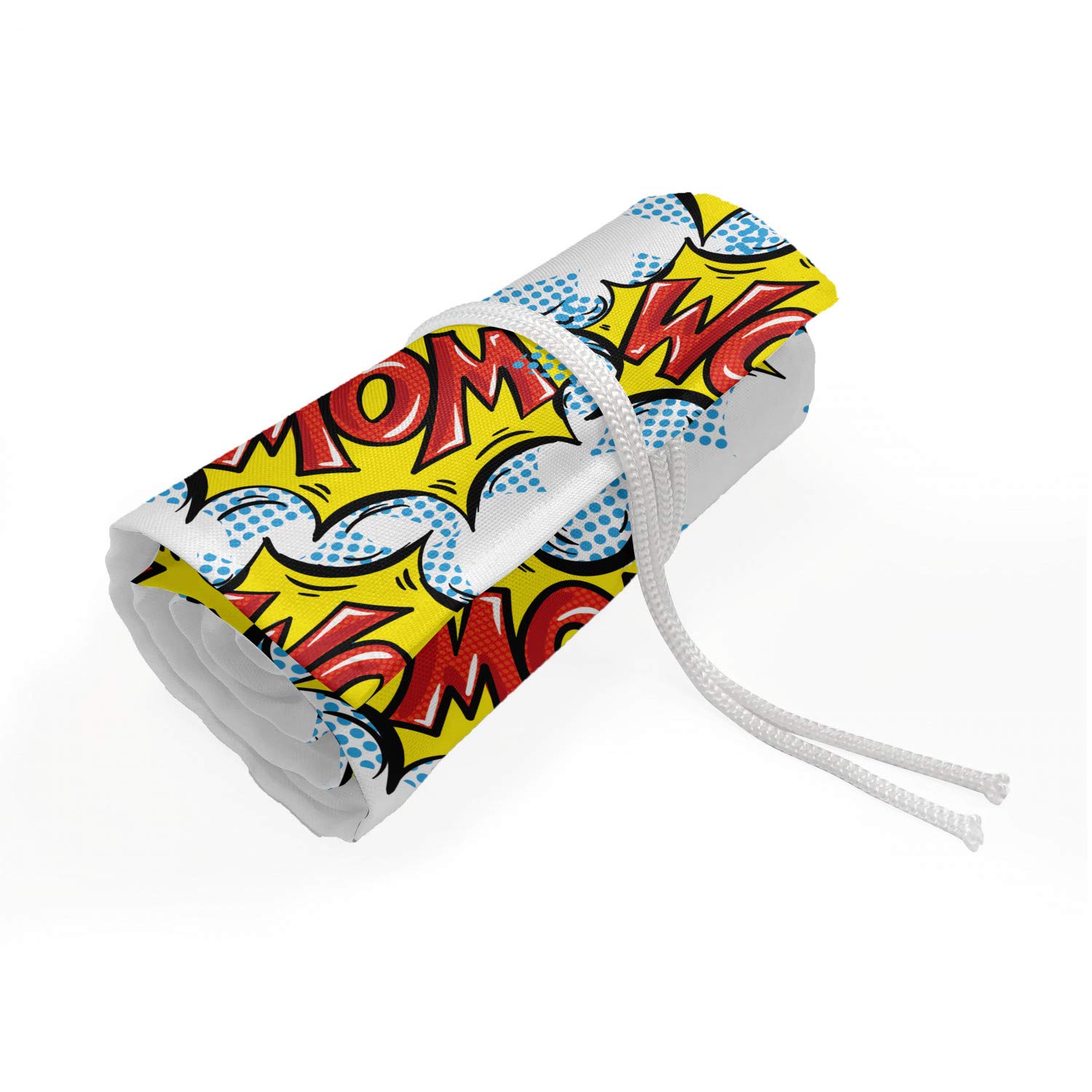 Ambesonne Pop Art Pencil Case Wrap Roll Holder - Retro Comic Speech Bubble Design, Durable Canvas Pencil Organizer with 48 Loops (Yellow, Vermilion, Blue) - Perfect for Artists, Students & Office Supplies Organization