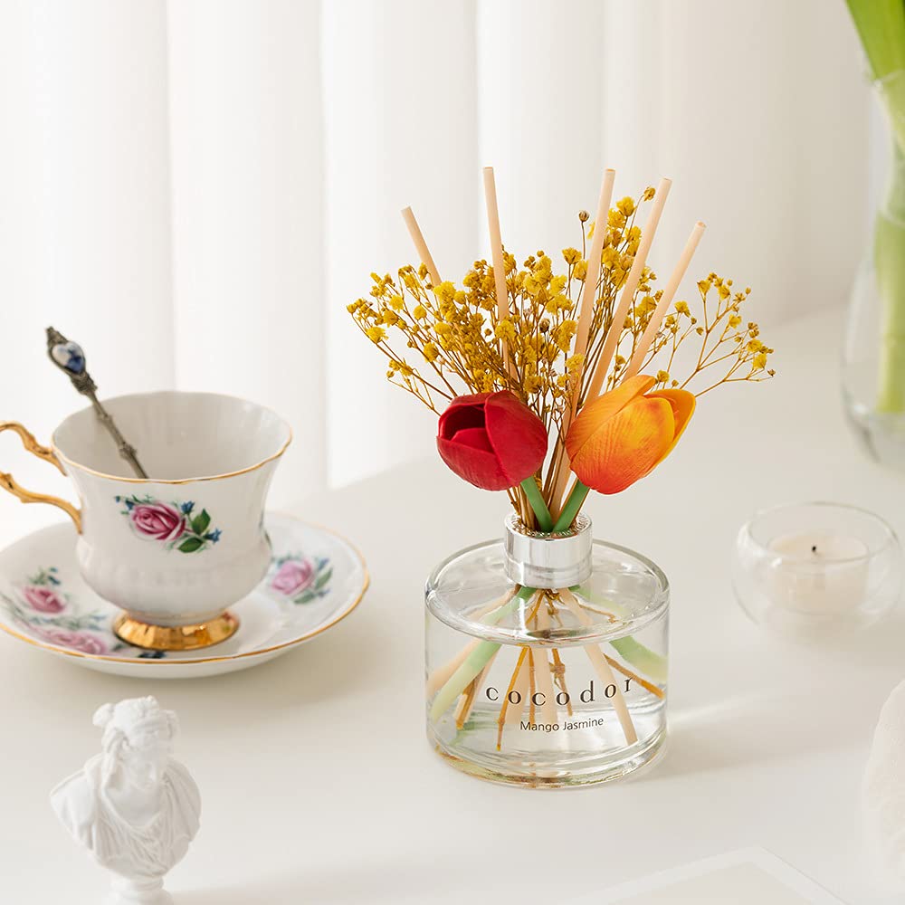 COCODOR Tulip Reed Diffuser 200ml - Floral Scented Home Fragrance Oil Diffuser with Natural Rattan Reeds, Long-Lasting Aromatherapy for Living Room, Bedroom, Bathroom & Office - Perfect Gift for Women