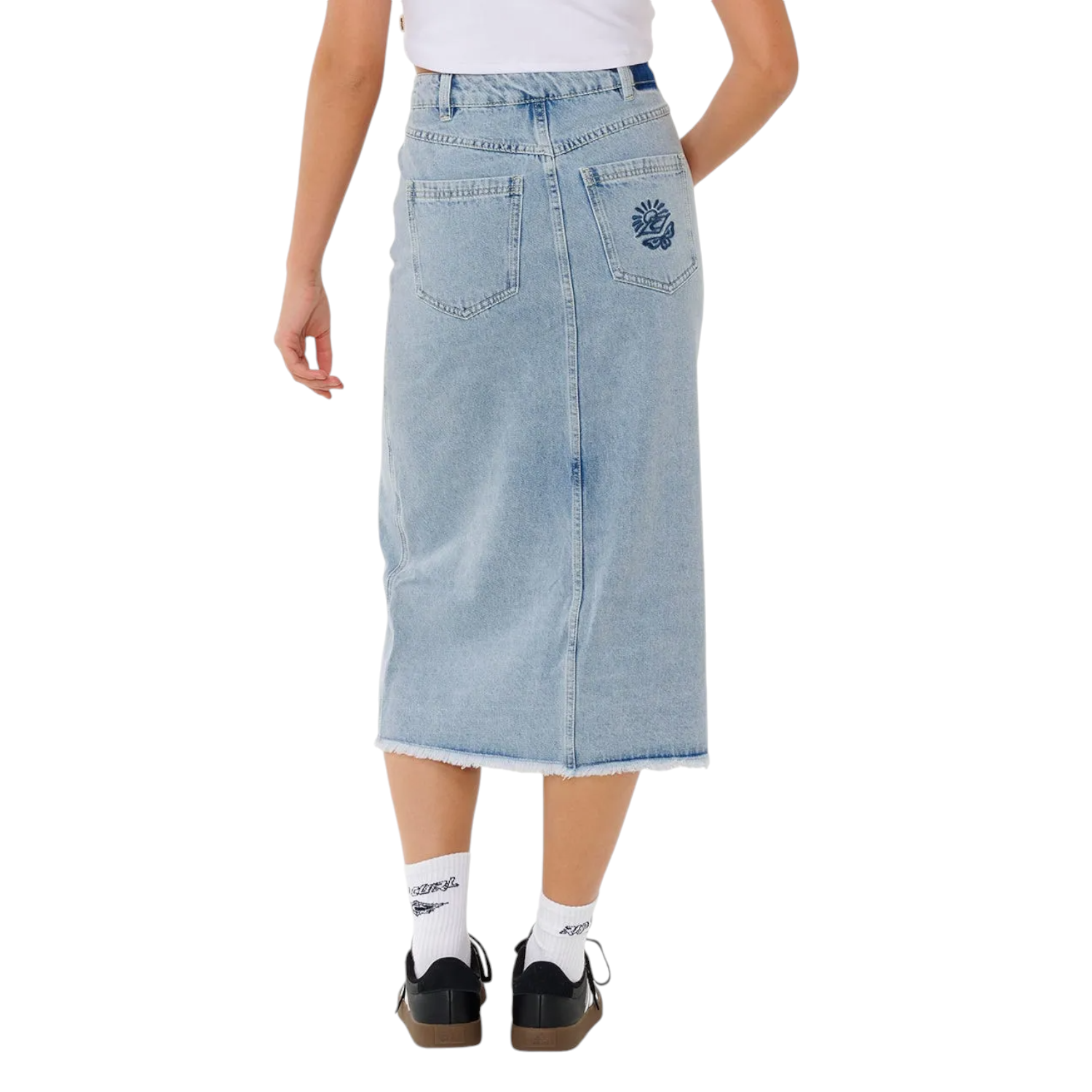 Rip Curl The Search Denim Midi Skirt - Women's Vintage Washed Denim Skirt with Side Slits | Perfect for Casual Wear, Beach Outfits & Summer Fashion