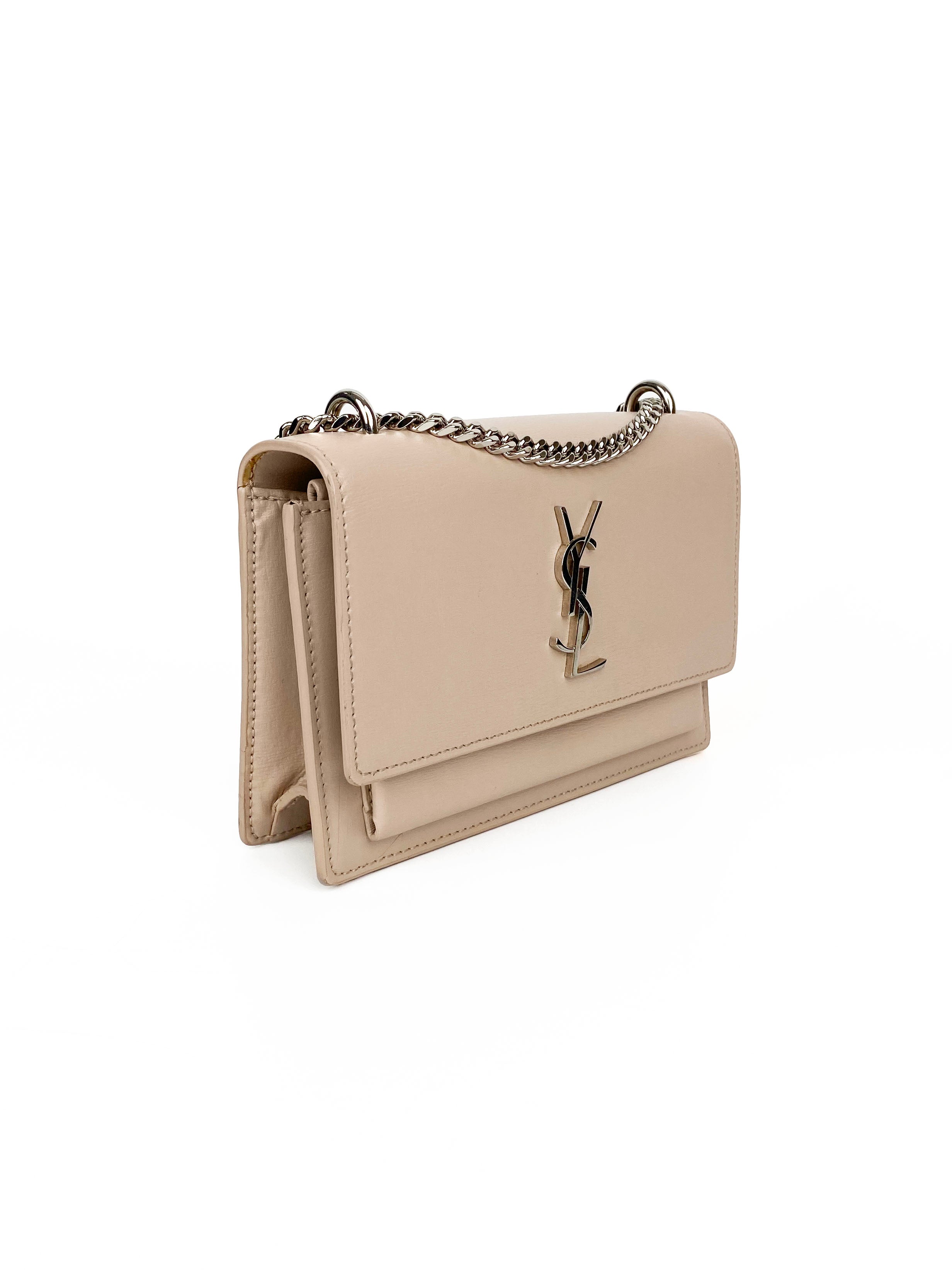Saint Laurent Sunset Chain Wallet in Light Pink - Luxury Crossbody Bag for Women, Perfect for Evening Outings and Special Occasions