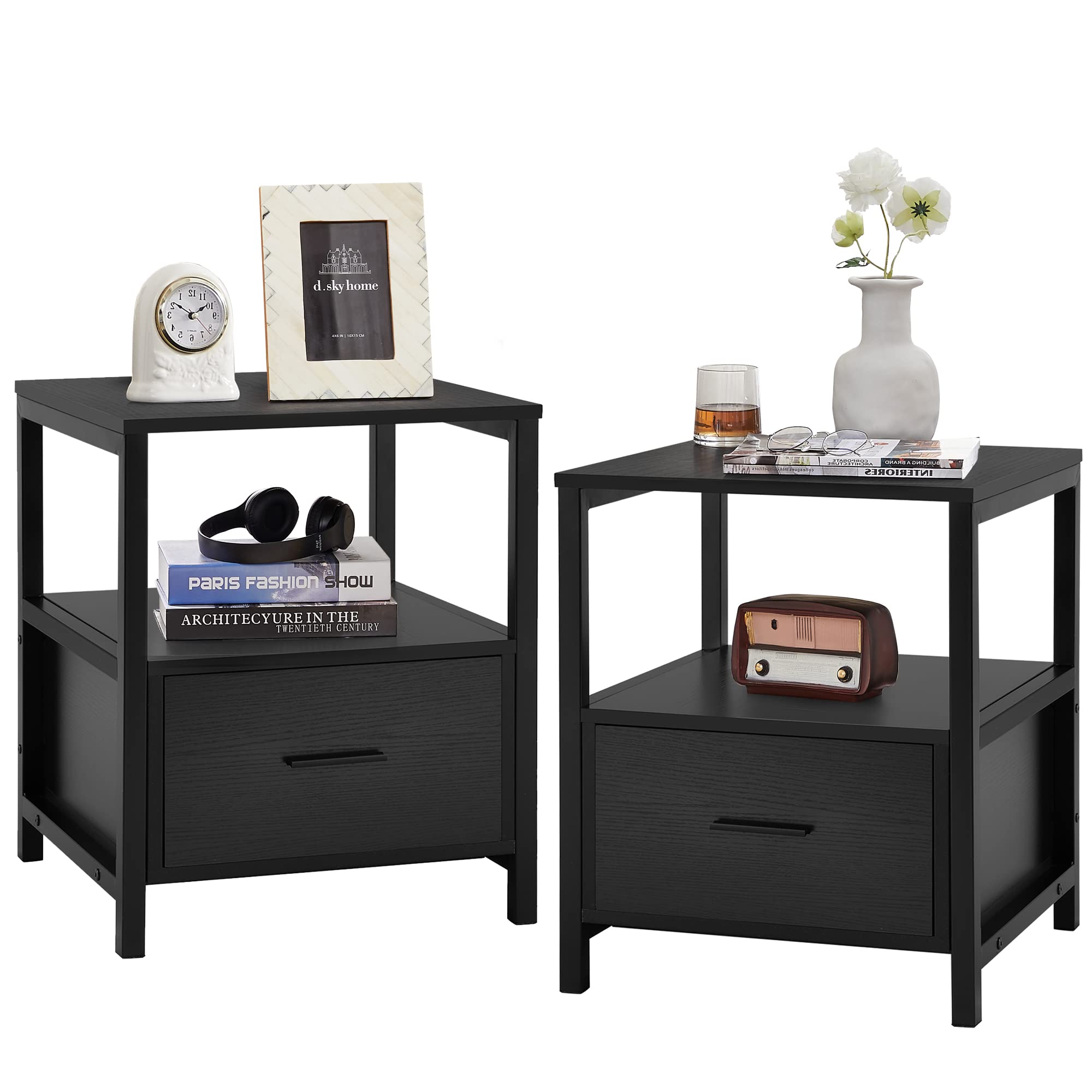 VECELO 2-Pack Modern Square Nightstand Set with Drawer & Storage Shelf - Black Metal Frame Side Tables for Bedroom, Living Room, Study - Perfect for Small Spaces & Apartment Decor