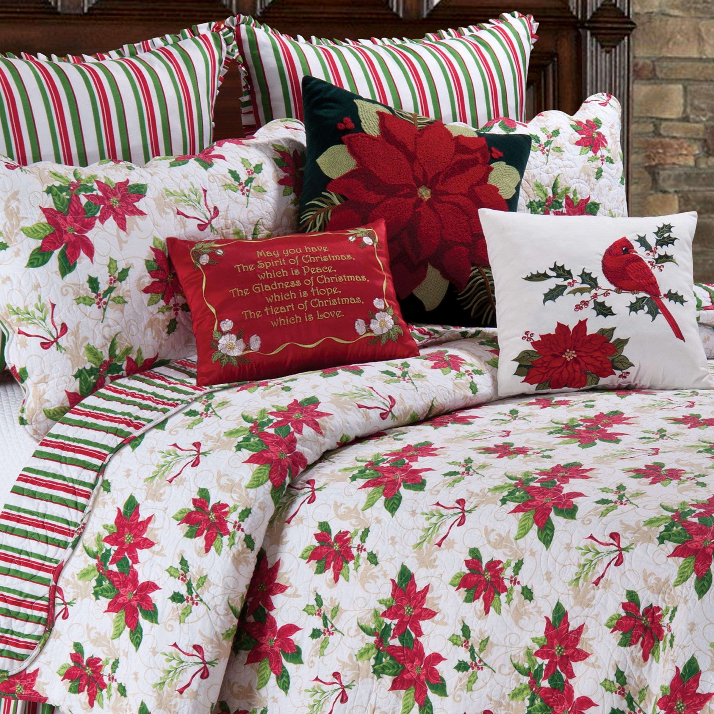 C&F Home Holly Poinsettia 3-Piece Quilt Set - 100% Cotton Lightweight Reversible Bedspread Coverlet | Full/Queen Size | Machine Washable White Comforter | Perfect for Christmas Decor, Guest Rooms & Cozy Bedroom Makeovers
