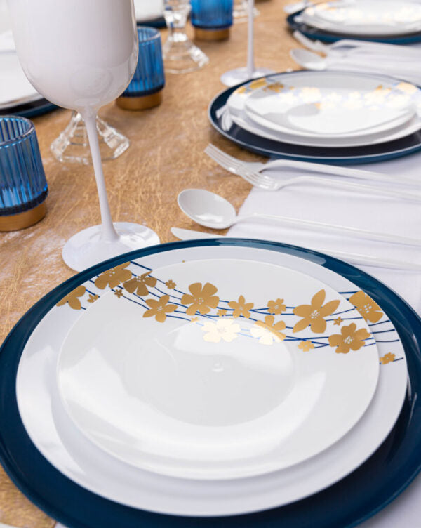 Eco-Friendly Blue & Gold Round Plastic Plates - 10 Inch Durable Disposable Party Plates for Birthday, Wedding, Picnic & Outdoor Events