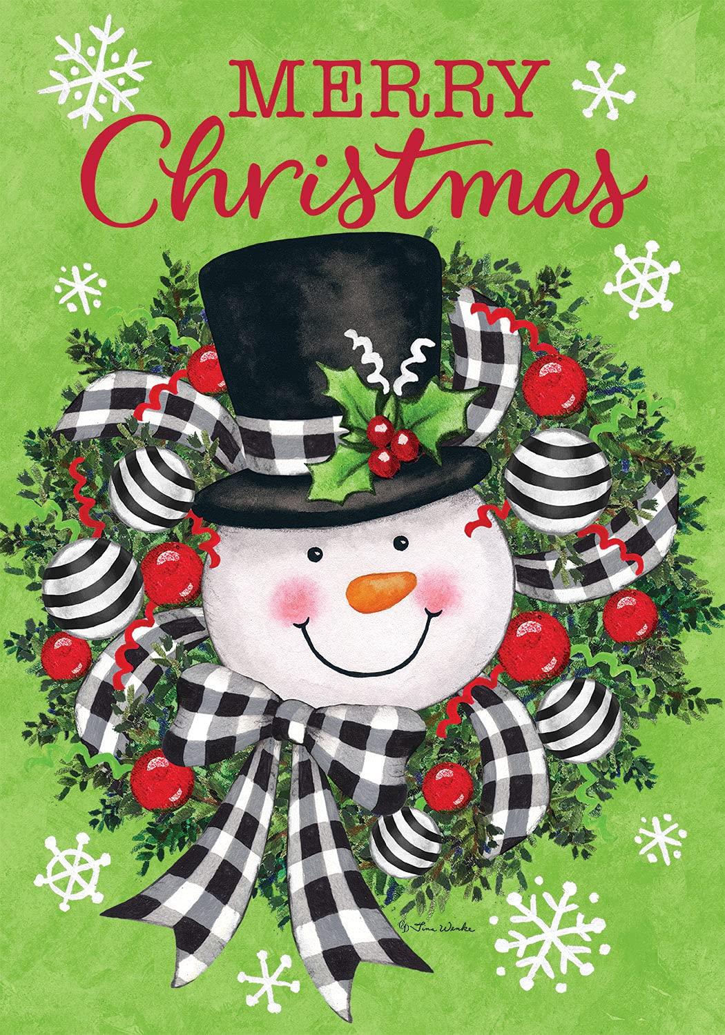 Snowman Wreath Garden Flag - Christmas Winter Holiday Decoration for Front Yard, Porch & Outdoor Decor