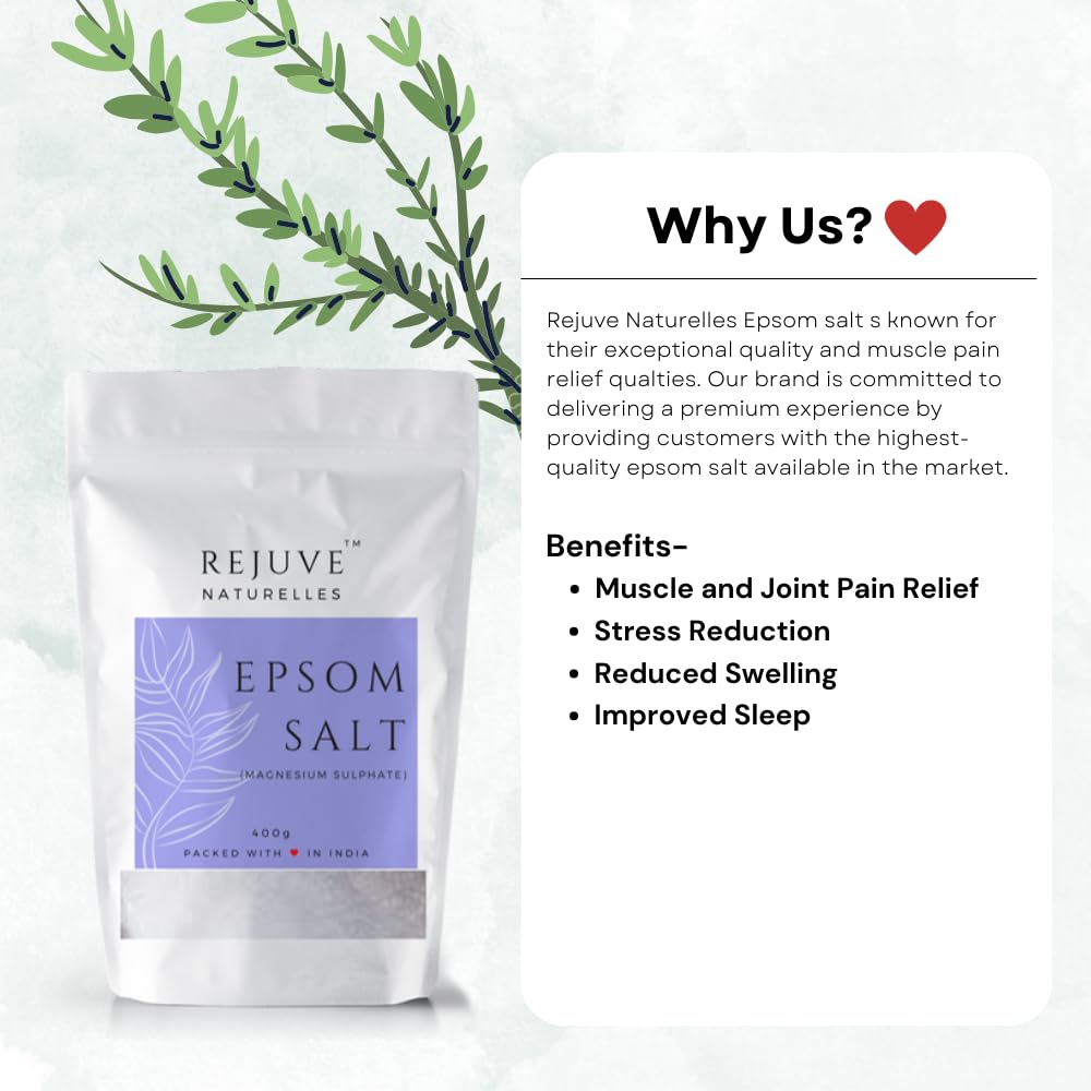 Rejuve Naturelles Premium Epsom Salt 400g - 100% Pure Magnesium Sulfate Crystals for Muscle & Foot Pain Relief, Plant Growth & Detox | Relaxing Bath Soak, Gardening Supplement & Natural Remedy