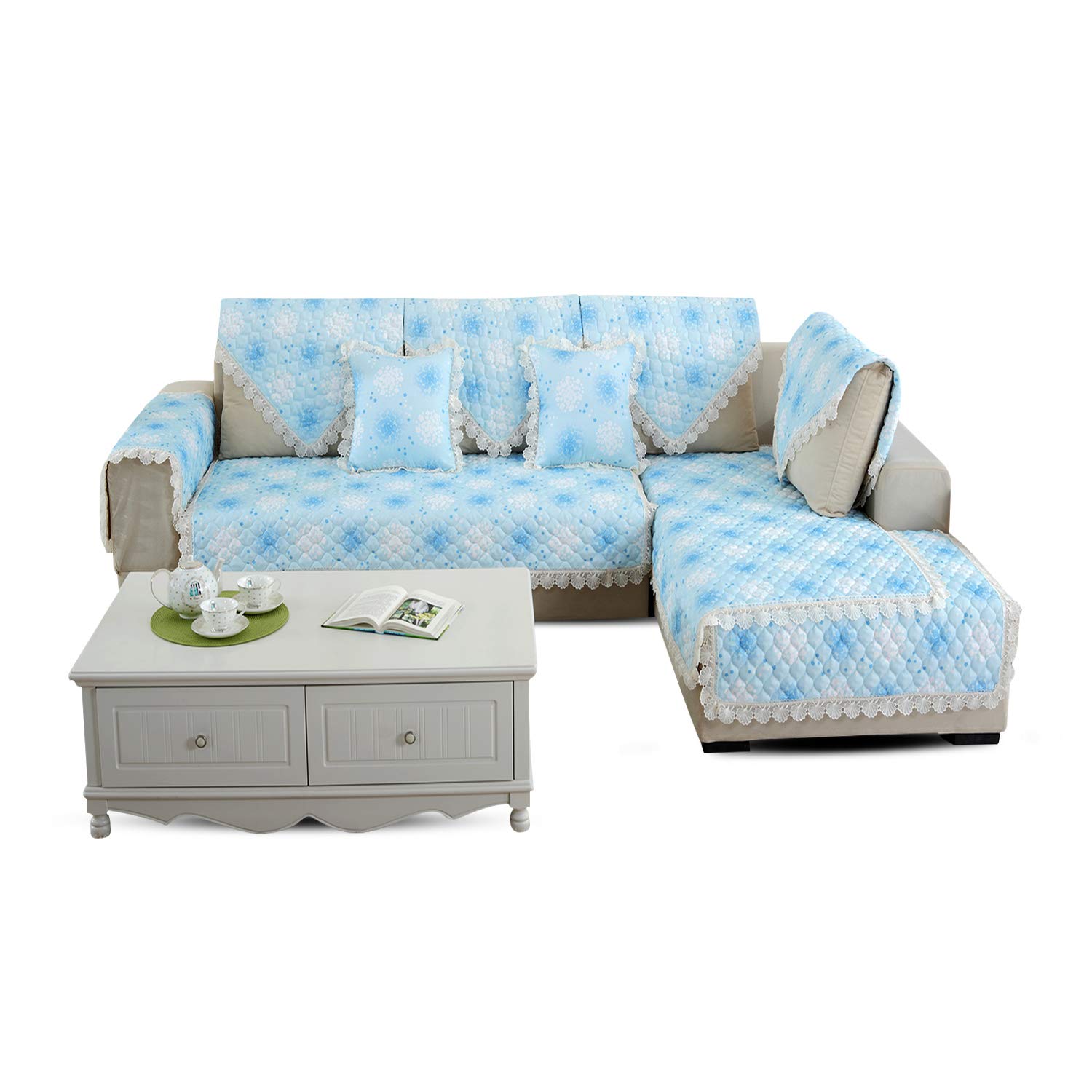 Stylish Quilted Printed Sofa Cover - Light Blue 90x240cm - Furniture Protector for Couches & Sectionals - Perfect for Living Room, Home Decor & Pet Protection