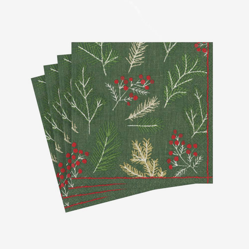 Caspari Sprigs & Berries Evergreen Napkins - 12 Pack Premium Holiday Dinner Napkins for Christmas Table Decor, Party Supplies & Festive Gatherings