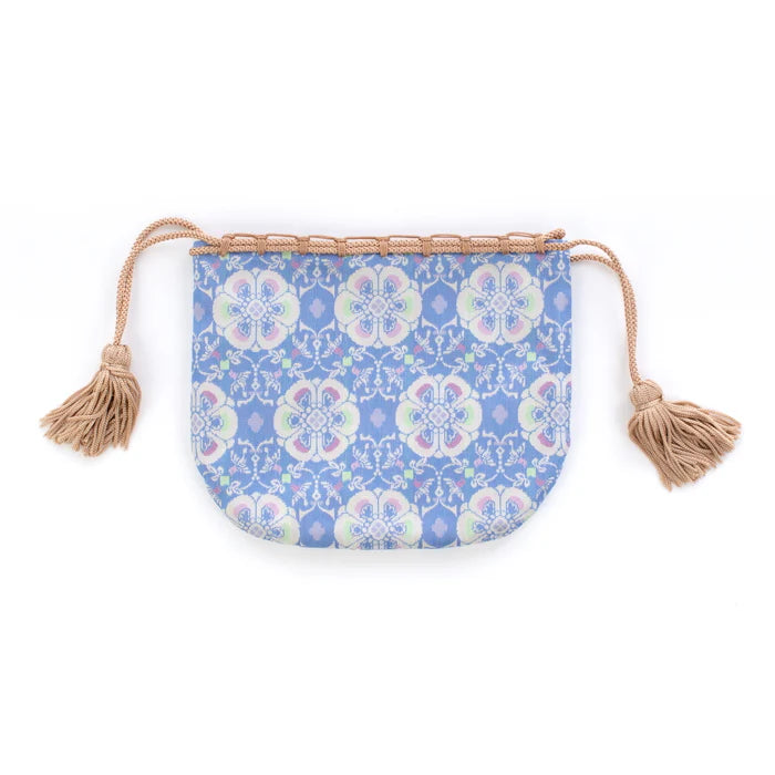 Nishijin Ori Small Drawstring Bag - Japanese Traditional Craft Purse | Kyoto Made Floral Bird Design in Pale Blue | Perfect for Gift, Cosmetics & Jewelry Storage
