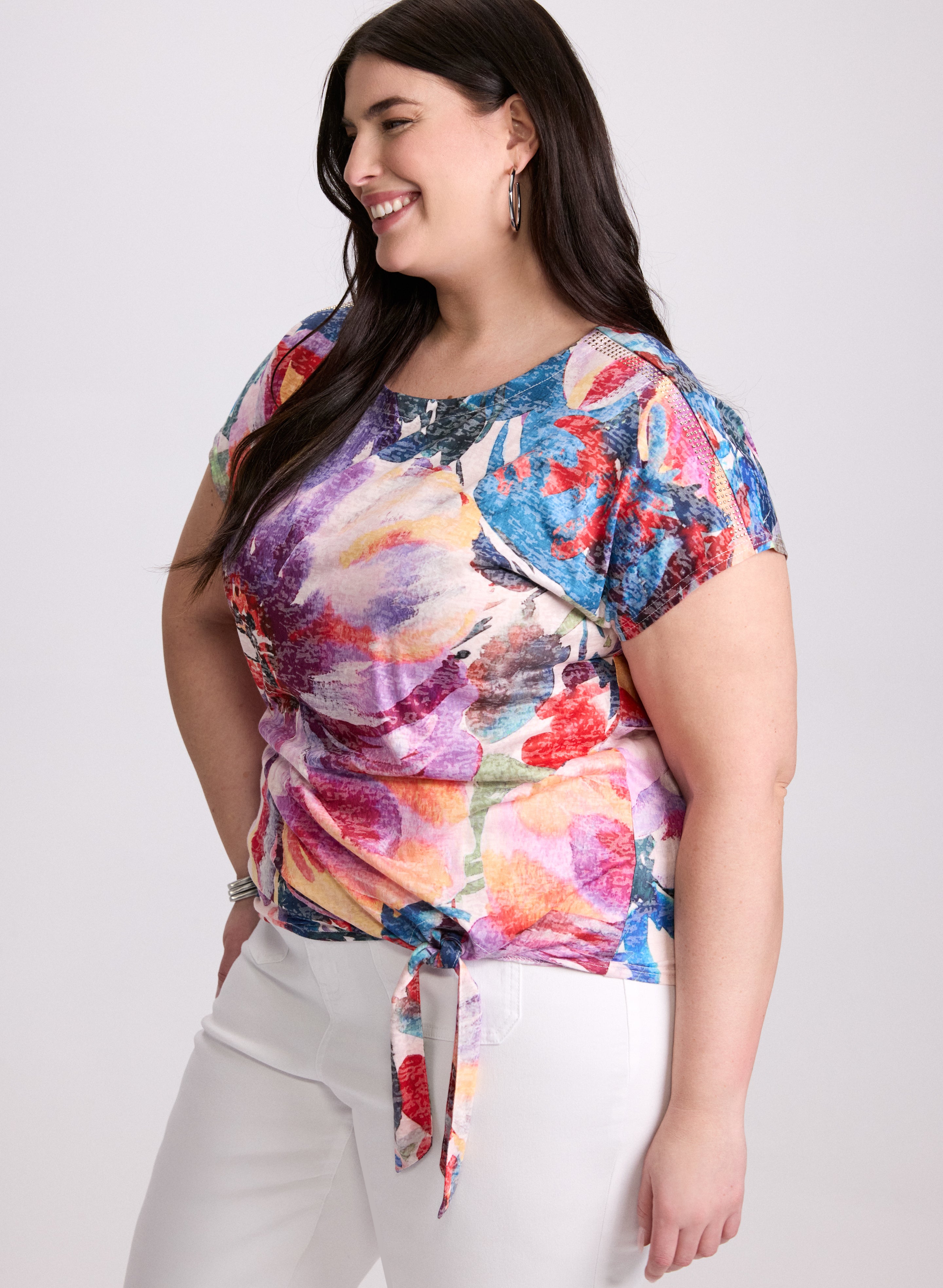Floral Print Tied Hem T-Shirt for Women - Stylish Casual Summer Top for Outings & Beach Wear
