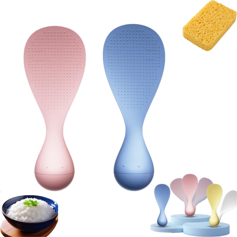 Heat Resistant Plastic Rice Cooker Scooper - Anti-Stick Standable Rice Spoon (2-Pack, Pink & Blue) | Easy to Clean Kitchen Utensil for Perfect Rice Serving & Meal Prep