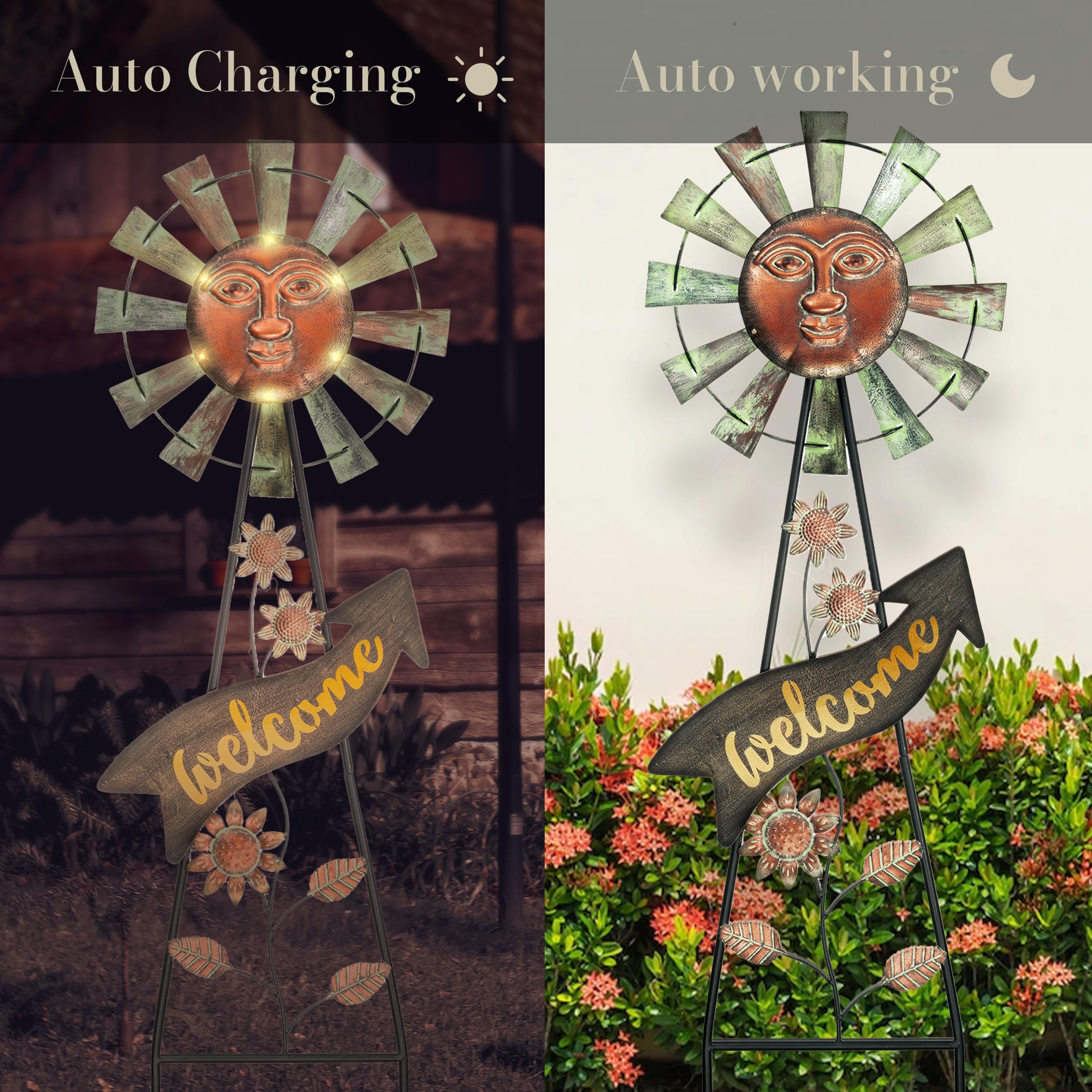 Solar-Powered Garden Decor - 26'' Bronze Metal Sun Face Wind Spinner with Outdoor Lights | Weather-Resistant Yard Art Stake for Lawn, Patio & Backyard | Unique Mother's Day Gift for Home & Garden Decoration