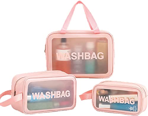 GALENO Clear Travel Toiletry Bags Set of 3 - Waterproof PVC Cosmetic Organizer for Women, Transparent TSA Approved Makeup Pouch for Air Travel, Gym & Vacation Essentials (Pink)