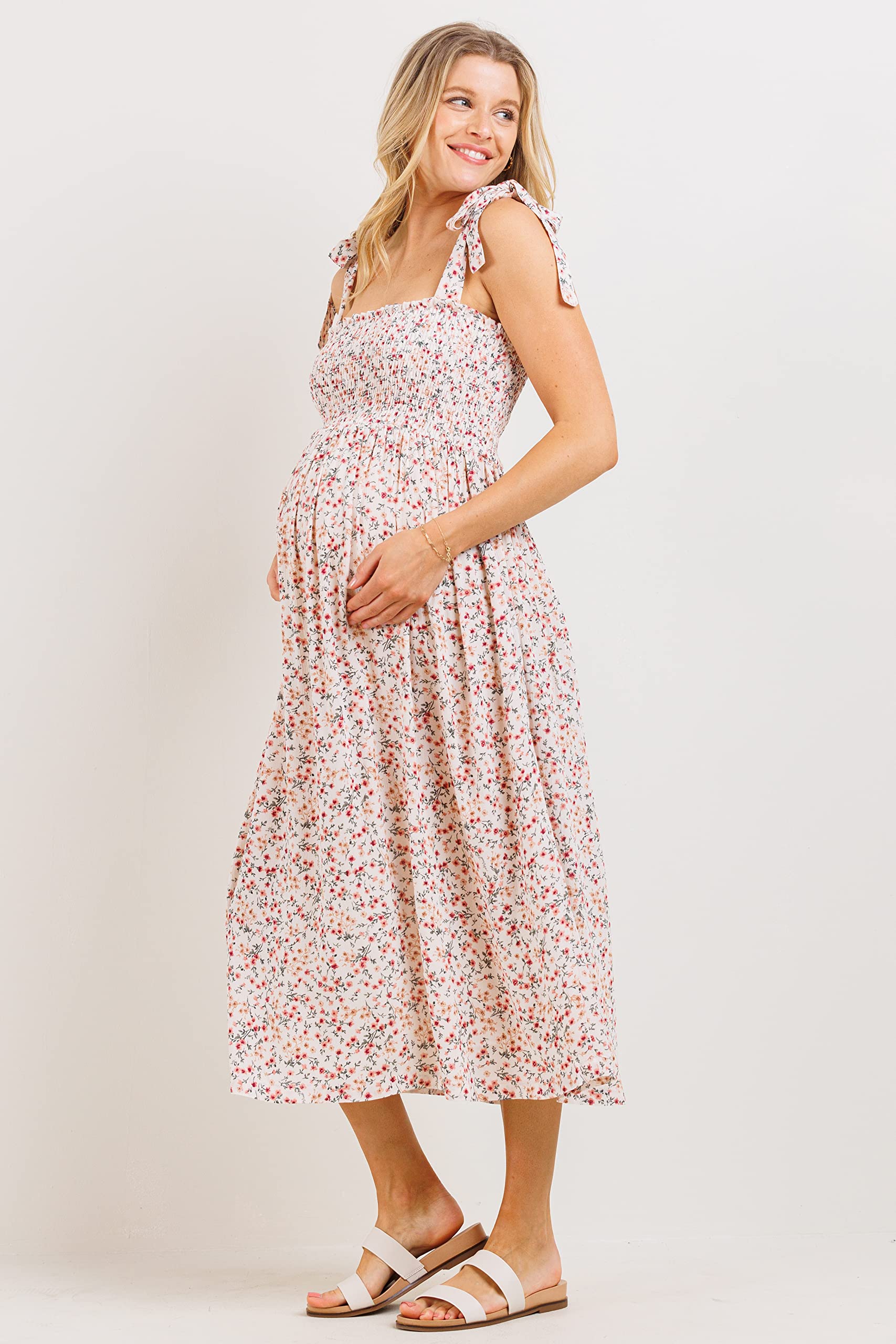 Women's Smocked Maternity Dress - Flowy Midi Length for Pregnancy Comfort | Perfect for Baby Showers, Maternity Photos & Everyday Wear