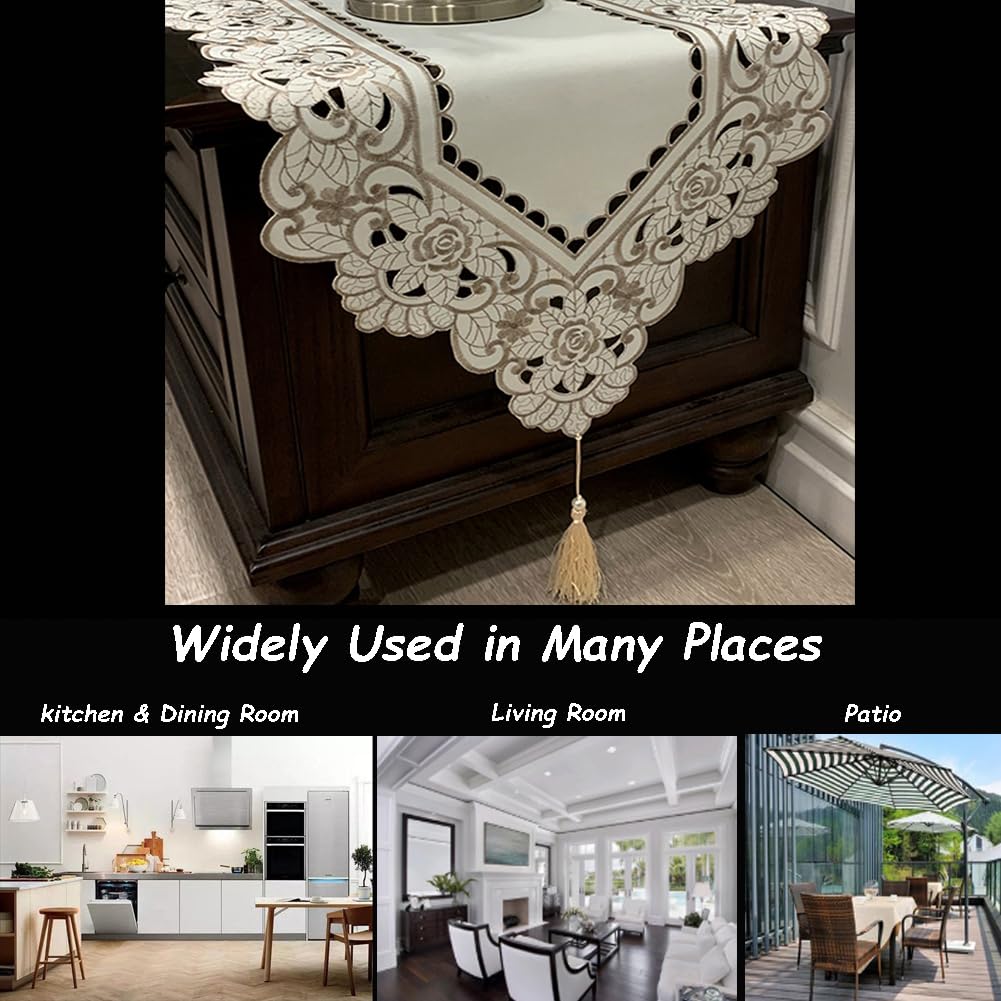 Macrame Table Runners for Party, Cutwork Lace Floral Embroidered Rectangle Table Dresser Scarf, 16x59 Inch, Perfect for Home Dining Room Decor, Wedding, and Holiday Celebrations
