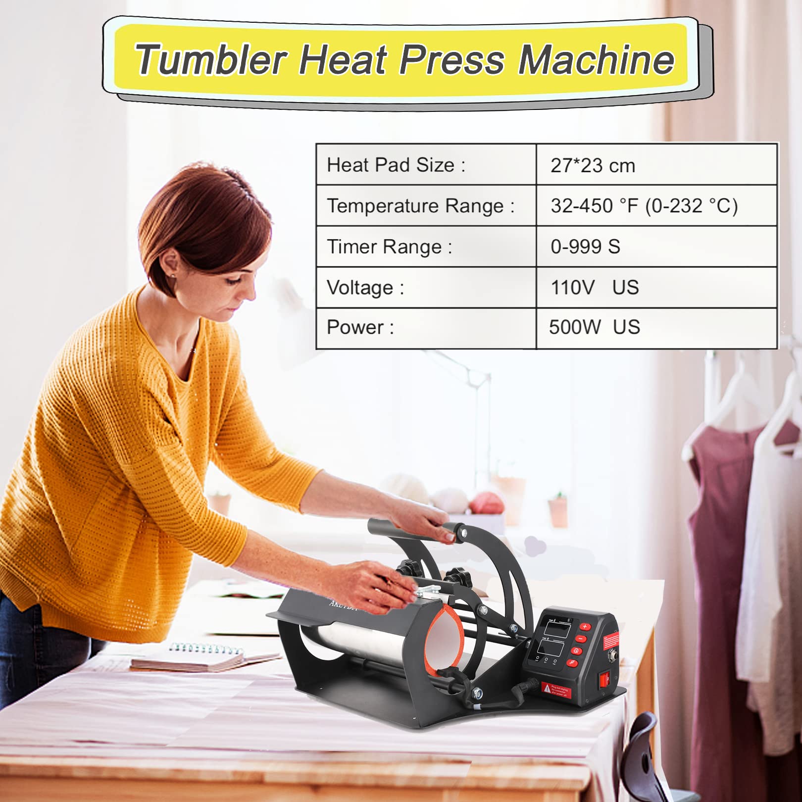 Industrial Heat Press Machine for Tumbler & Mug Sublimation - DIY Vinyl Heat Transfer for 30oz/20oz/16oz Skinny & Straight Tumblers, 11oz-16oz Coffee Mugs (110V, Black) - Perfect for Home Crafting, Small Business & Personalized Gift Making