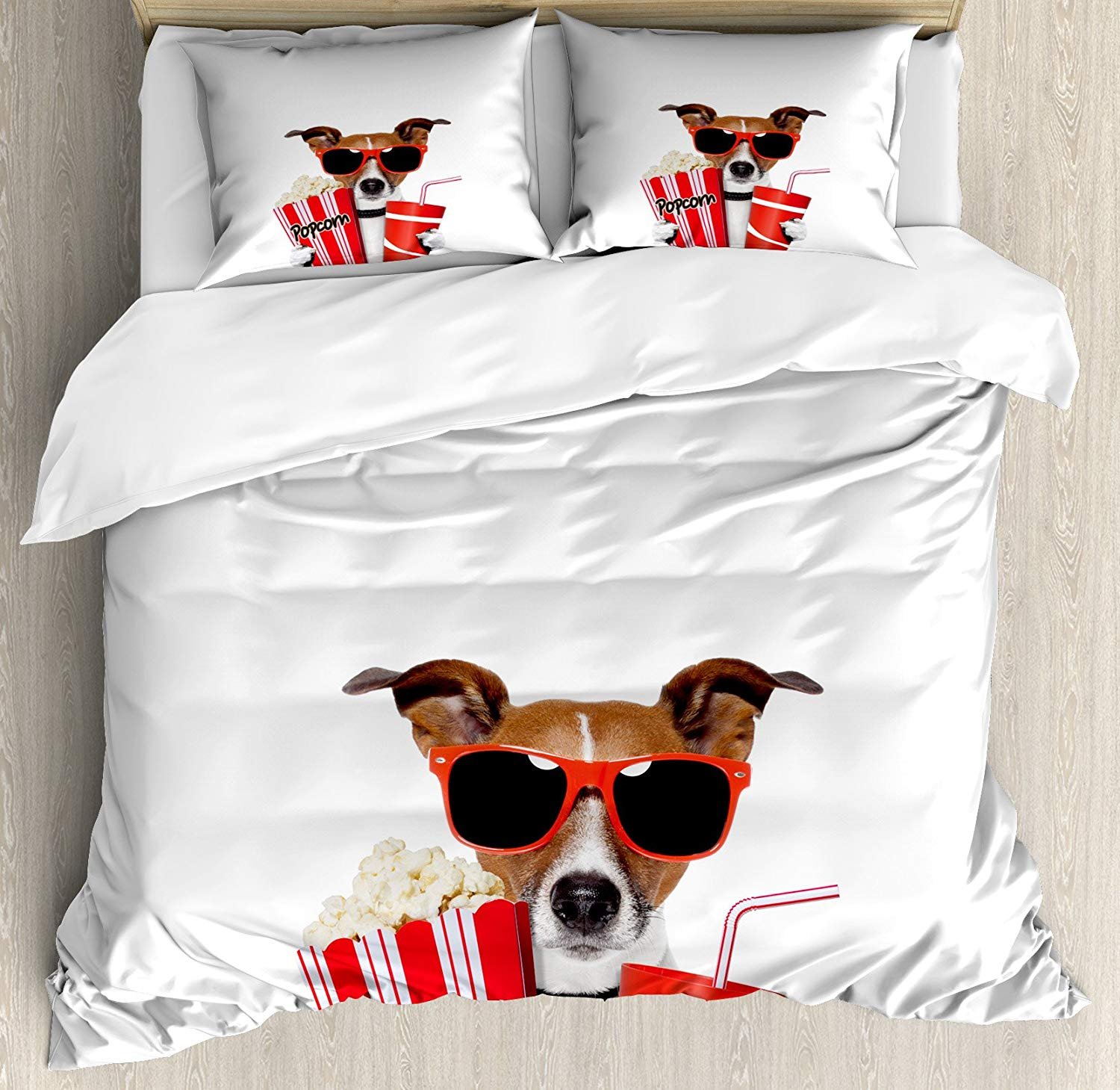 Custom Bedding Set USA - 4 Piece Full Size Movie Theater Duvet Cover Set (1 Duvet Cover + 1 Flat Sheet + 2 Pillowcases) with Fun Dog Wearing Sunglasses Watching Movie Print - Perfect for Movie Nights, Themed Bedrooms & Gift Ideas