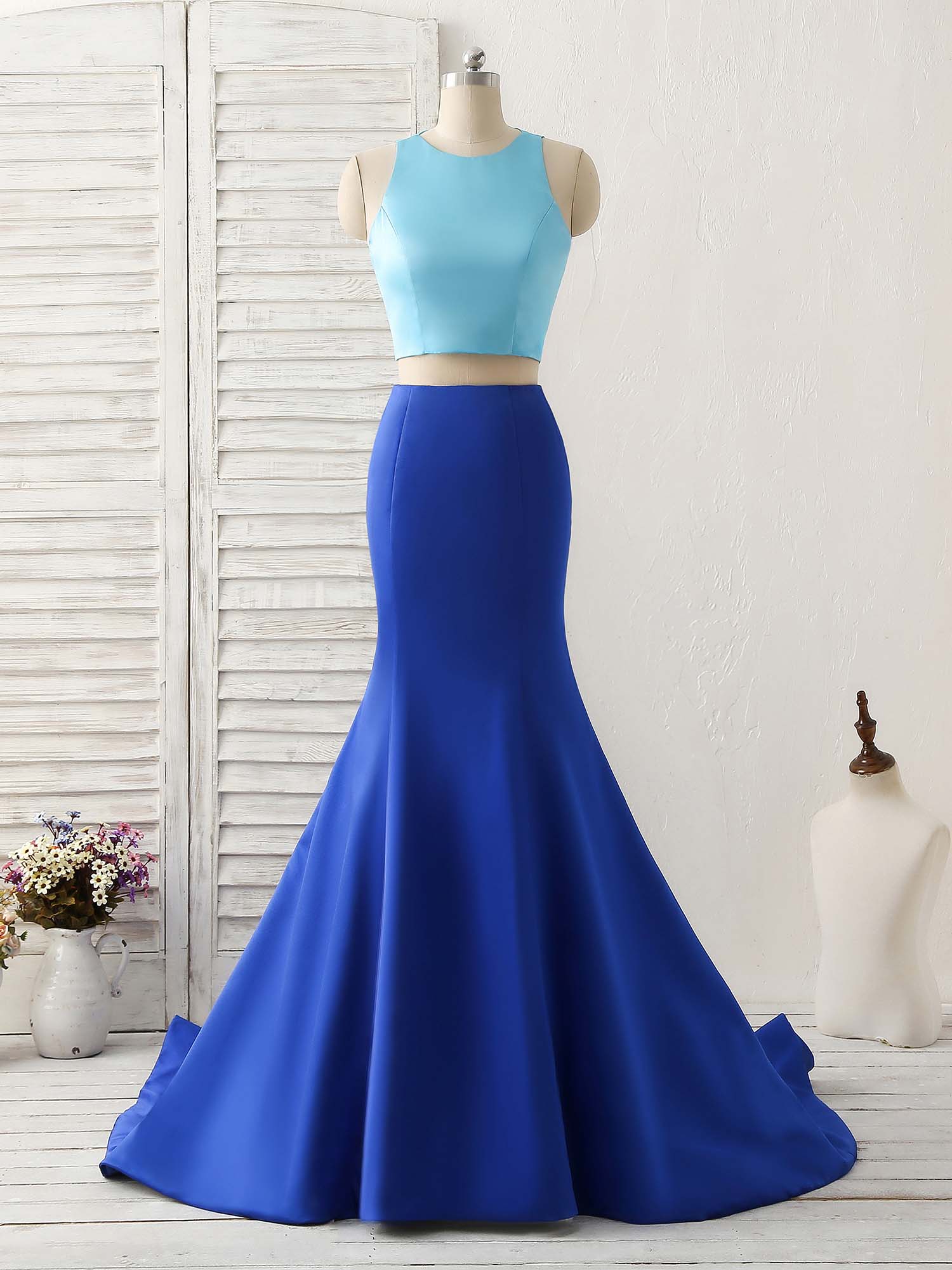 Royal Blue Two-Piece Satin Long Prom Dress | Elegant Evening Gown for Formal Events, Homecoming & Special Occasions