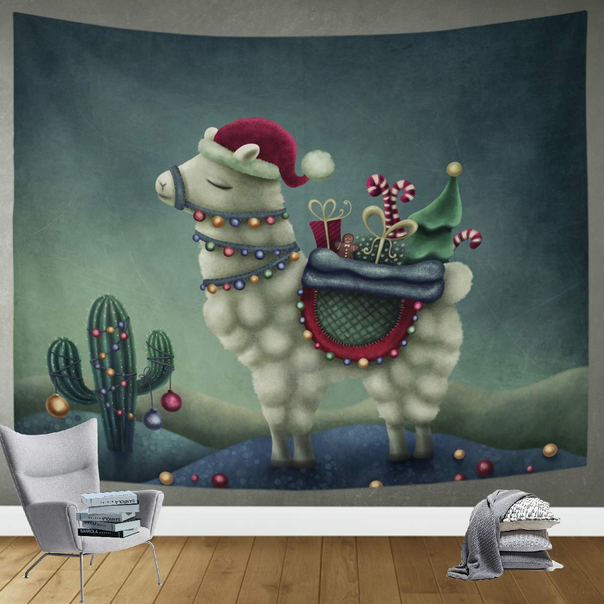 Cute Llama Santa Hat Wall Tapestry - 60x51in Bohemian Bedroom Decor for Living Room, Office & Dorm | Soft Wall Hanging Blanket for Christmas, Winter & Holiday Home Decor