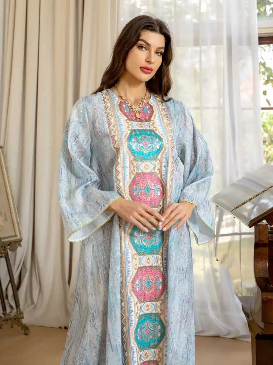 Elegant Eid Dress with Embroidery & Printed Floral Design - Long Caftan Kaftan Dress for Women #25426 | Perfect for Eid Celebrations, Weddings & Special Occasions