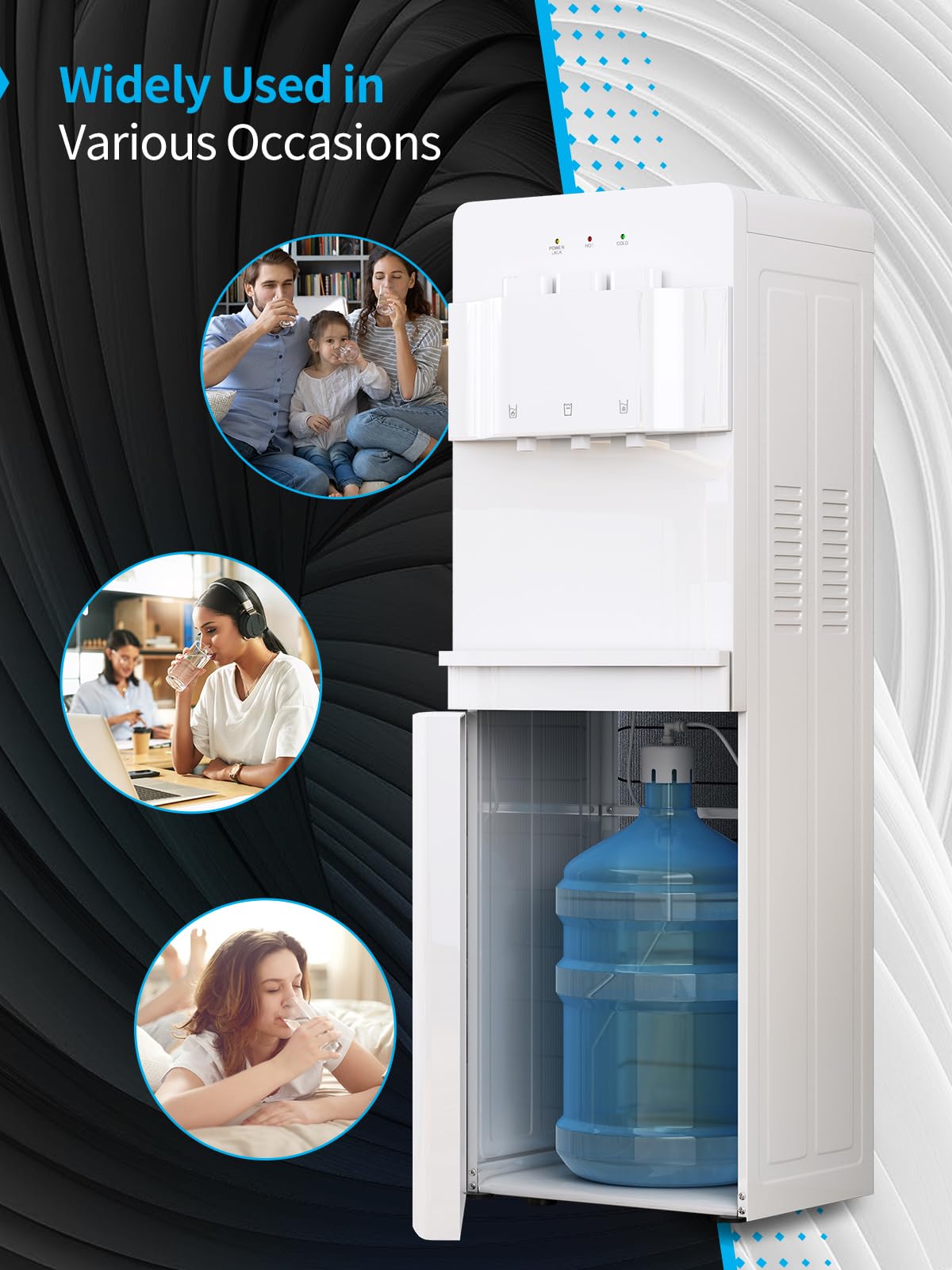 TABU Bottom Loading Water Cooler Dispenser with Hot, Cold & Room Temperature Water - Child Safety Lock, Anti-Scalding Design for 3/5 Gallon Bottles (White) - Perfect for Home, Office & Kitchen Use