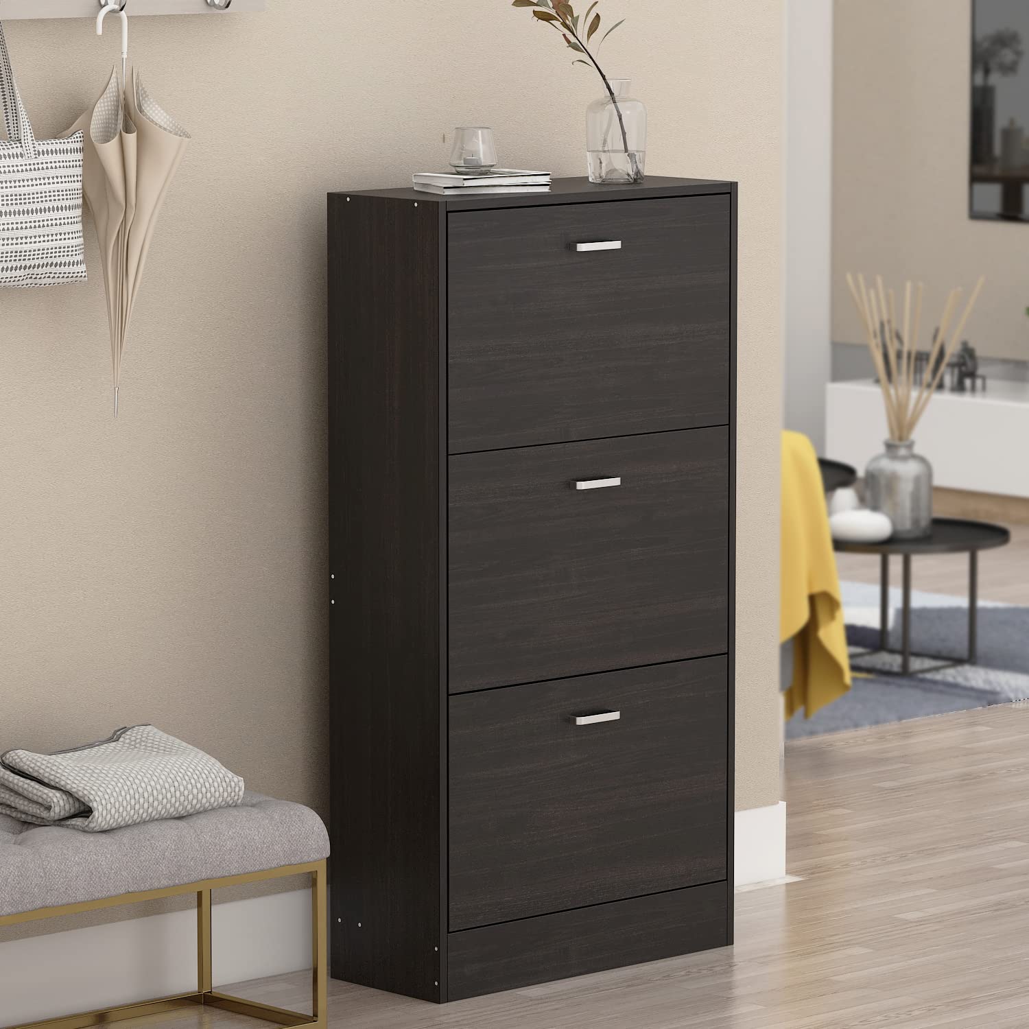 Modern 3-Tier Shoe Storage Cabinet with Flip Drawers - Wooden Shoe Rack Organizer for Entryway, Hallway & Bedroom - Black-Brown (23.6”L x 9.4”W x 45.5”H) - Perfect for Small Spaces & Shoe Organization