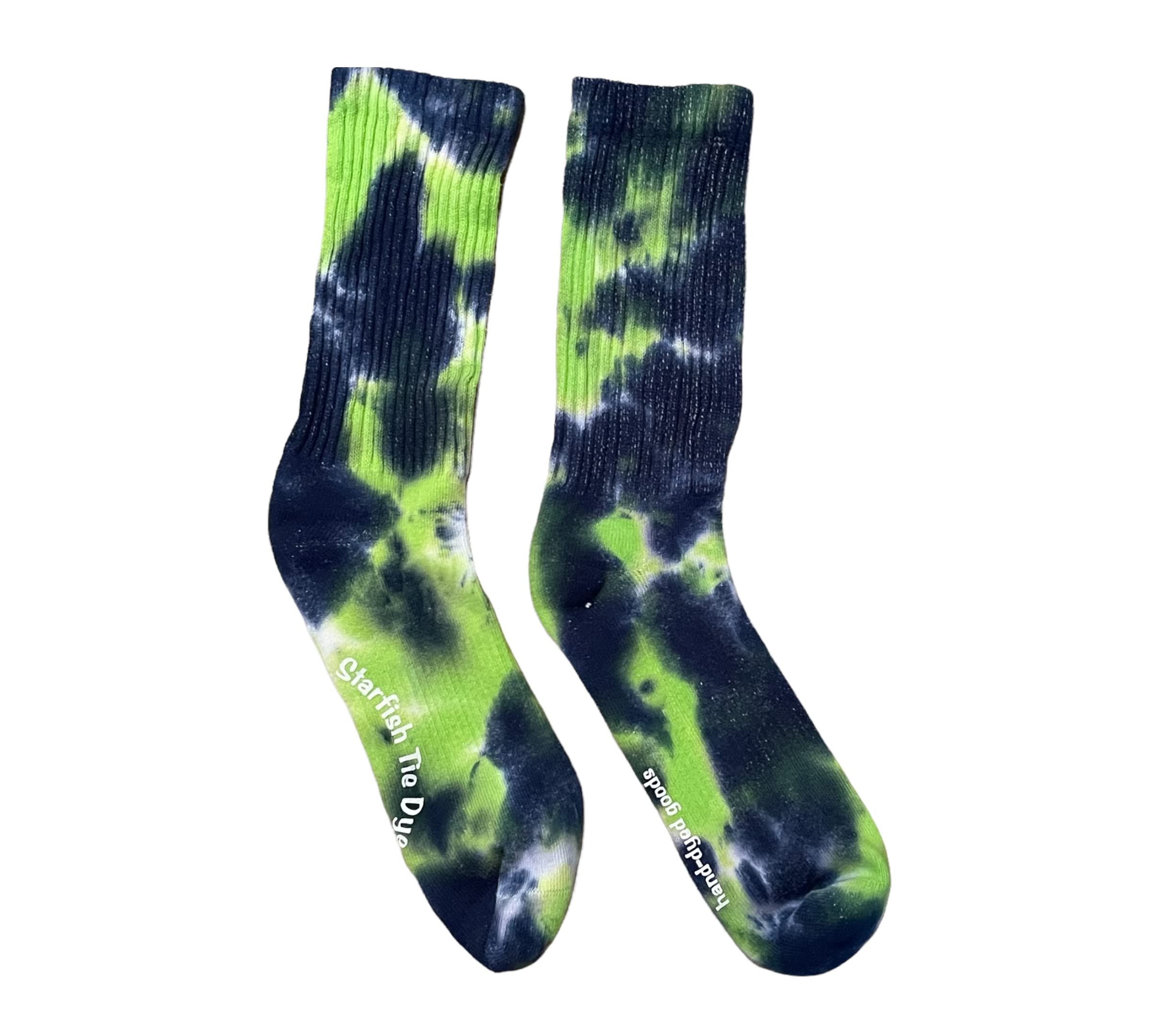 Unisex Tie Dye Crew Socks for Men & Women - Colorful Funky Cotton Socks (Lime/Navy Crinkle) - Perfect for Casual Wear, Gifts & Festival Outfits