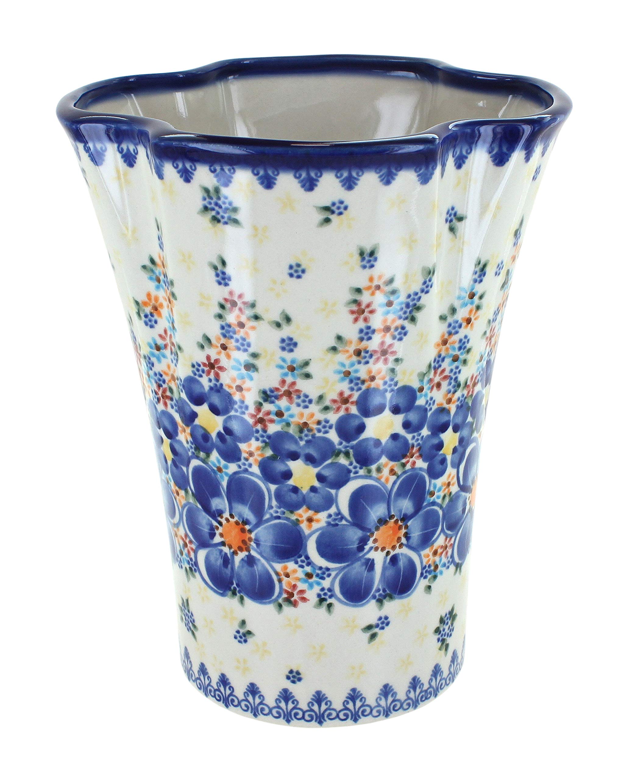 Handmade Blue Rose Polish Pottery Vase - Blue Dahlia Floral Design - Perfect for Home Decor, Wedding Centerpieces & Gift Ideas