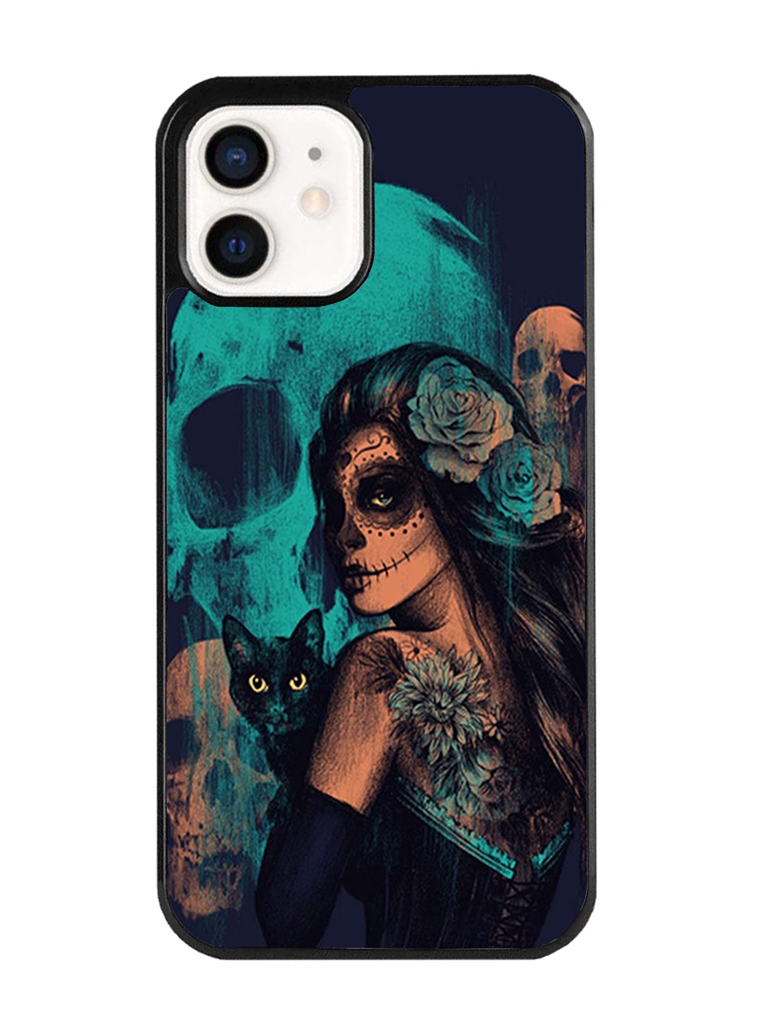 iPhone 12 Case - Day of The Dead Women Black Cat & Skull Design Shockproof TPU Phone Cover - Perfect for Halloween, Gothic Style & Everyday Protection