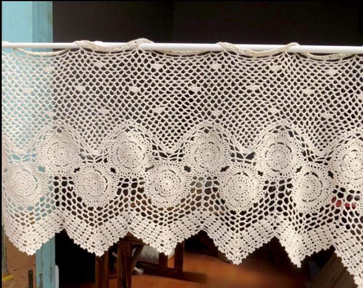 WCHUANG Crochet Lace Window Valance Curtains - Floral Sheer Cafe Curtains for Kitchen, Living Room & Bedroom - Beige Boho Window Treatment for Home Decor & Cozy Spaces