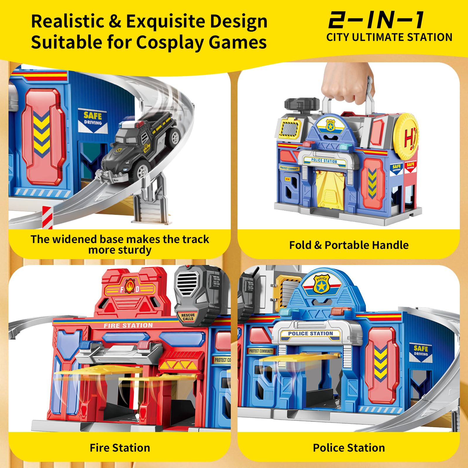 29.5'' Large City Action Rescue Vehicle Playset with Lights & Sounds - Police & Fire Station Transform Track with 4 Cars & Helicopter - STEM Learning Toys for 3-6 Year Old Boys & Girls - Perfect for Birthday Gifts & Pretend Play Scenarios