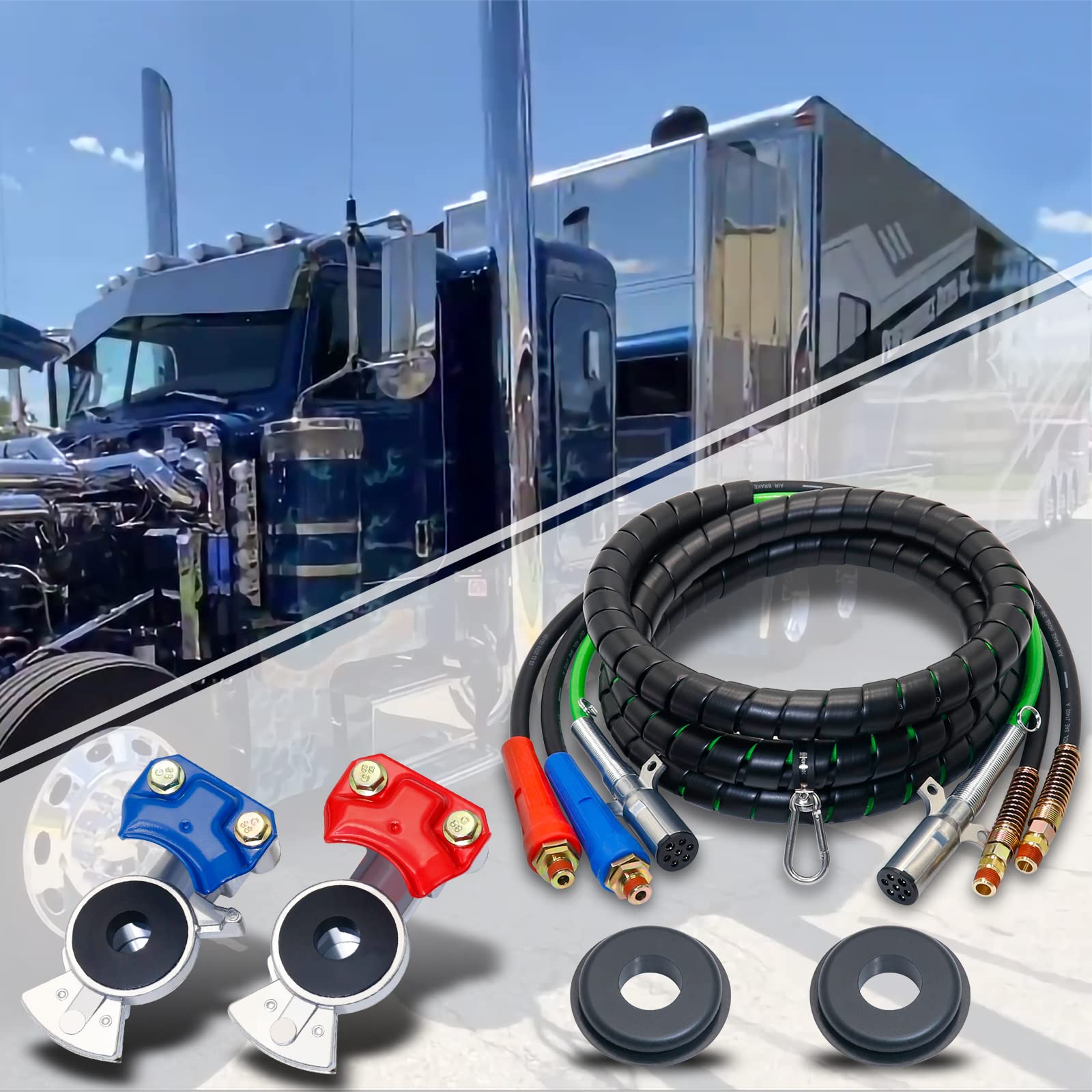 15FT Air Line Hose Kit - Heavy Duty 3-in-1 ABS & Power Airline Brake Hose for Semi Truck & Tractor Trailer | Includes Gladhand Connectors | Ideal for Long-Haul Trucking & Trailer Brake System Maintenance