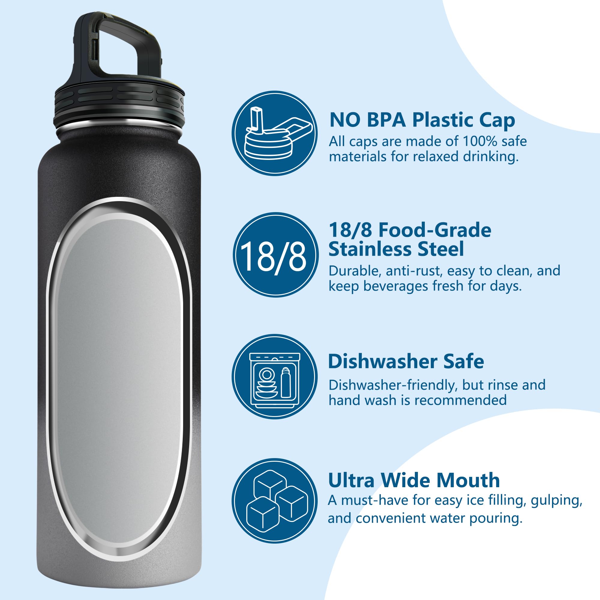 40 oz Stainless Steel Vacuum Insulated Sports Water Bottle with Straw Lid - Leakproof Reusable Metal Thermos Flask with Carrying Pouch - Ideal for Gym, Cycling, Hiking & Outdoor Activities - Black and Gray