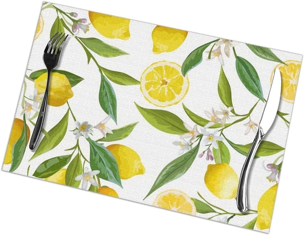 6 Pack Lemon Floral Pattern Placemats - Waterproof Dining Table Mats for Kitchen, Dining Room, Coffee Table - Non-Slip Cup & Wine Coasters for Home Decor & Desktop Protection