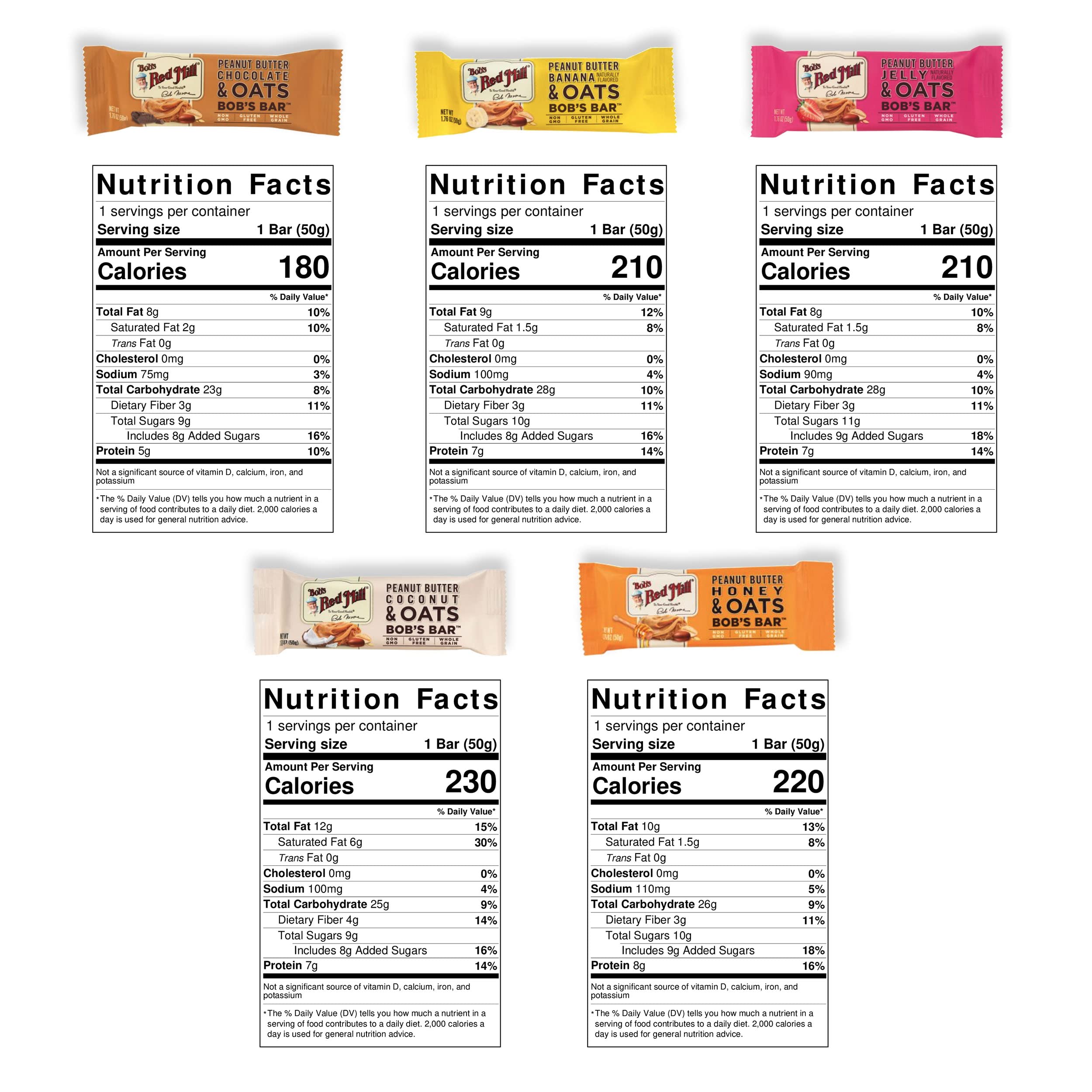 Bob's Red Mill Peanut Butter Oat Bars - 10 Pack (5 Flavors) | Gluten Free, Non-GMO Snacks | 1.76oz Protein Bars for Hiking, School Lunches & Healthy On-the-Go Breakfast