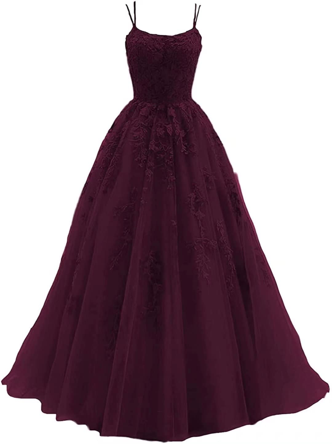 Elegant Spaghetti Straps Prom Dresses for Women - Long Tulle Lace Appliques Ball Gowns | Formal Evening Gowns for Homecoming, Wedding, and Special Occasions