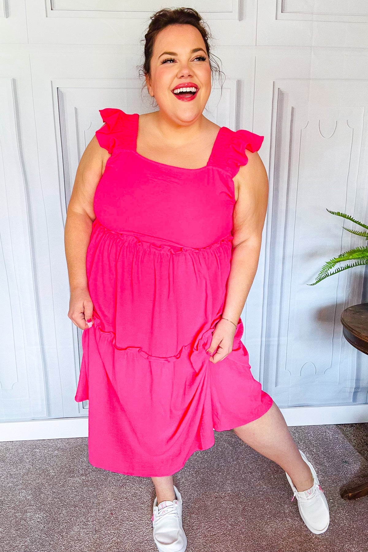 Fuchsia Smocked Flutter Sleeve Tiered Midi Dress for Women - Elegant Summer Casual & Wedding Guest Outfit