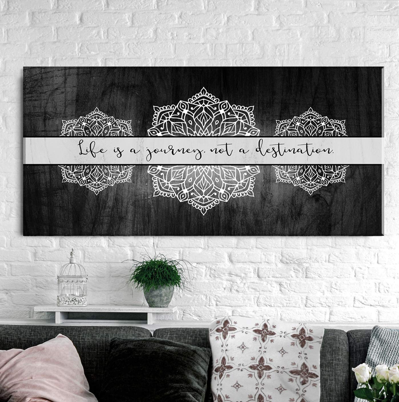 Boho Life Is A Journey Sign - Large Canvas Wall Art with Bohemian Floral Pattern, Modern Home Decor for Bedroom (Grey Black, 60x27) - Perfect for Bohemian Style Living Rooms, Bedrooms & Office Spaces